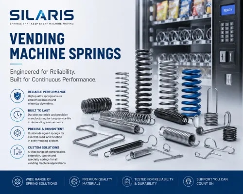 Vending Machine SpringsVending Machine SpringsSilaris vending machine springs are precision-engineered to ensure smooth, reliable product dispensing. Designed for consistent torque and durability, they support accurate item release while minimizing jams and wear. Manufactured using high-quality materials, these springs deliver long-lasting performance across a wide range of vending applications.Key Benefits:Smooth and controlled product dispensingReduces jamming and dispensing errorsEnsures consistent performance over timeSuitable for various vending machine models