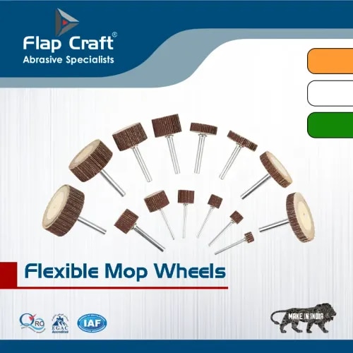 Flexible Mop Wheels are premium-quality abrasive finishing tools designed for precision polishing, deburring, blending, and surface finishing of metal components.SpecificationsProduct: Flexible Mop WheelsDiameter: 8, 10, 13, 15, 20, 25, 30, 40 & 50 mmThickness: 8, 10, 12, 14, 15 & 20 mmAbrasive Material: Aluminium OxideAvailable Grits: #80, #120, #240 & #320Applications: Polishing, Deburring, Blending & Surface FinishingSuitable Materials: Stainless Steel, Mild Steel, Aluminium, Brass, Copper & Other Metals