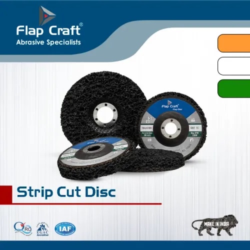The Strip Cut Disc is a high-performance surface preparation disc designed for rapid cleaning, coating removal, rust removal, paint stripping, and weld cleaning without damaging the base material.SpecificationsProduct Name: Strip Cut DiscDiameter (mm): 100 & 125Thickness (mm): 13Abrasive Material: Silicon CarbideAvailable Grit: #40Applications: Paint Removal, Rust Removal, Weld Cleaning, Surface Preparation, Coating Removal, Oxide Removal & CleaningSuitable Materials: Stainless Steel, Mild Steel, Aluminium, Brass, Copper, Fiberglass, Wood & Other MetalsFeatures: Open-Web Construction, Fast Material Removal, Anti-Loading Design, Low Heat Generation, Long Service Life & Uniform Surface Finish