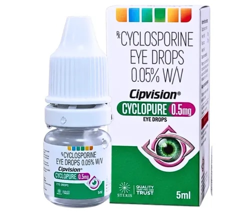 Cyclosporine eye drops 0.05% are a prescription ophthalmic emulsion used to treat chronic dry eye disease (keratoconjunctivitis sicca) caused by ocular surface inflammation. Unlike lubricating tear substitutes that only manage symptoms, cyclosporine works as a calcineurin-inhibitor immunomodulator that calms the underlying inflammation suppressing your eyes' natural tear production. It is not a steroid. The standard dose is one drop in each affected eye, twice daily, about 12 hours apart, and visible improvement in tear production typically takes 6–12 weeks, with full benefit sometimes taking up to 3–6 months of consistent use. Common side effects include temporary burning, stinging, redness, and watery eyes at the time of instillation. It is a Schedule H prescription-only medicine in India and should be used only under a qualified ophthalmologist's guidance.What Is Cyclosporine Eye Drops 0.05%?Cyclosporine eye drops 0.05% (ophthalmic emulsion) is a prescription formulation designed to manage chronic dry eye disease, a condition in which the eyes fail to produce enough tears or produce tears of poor quality, often because of an underlying inflammatory process on the ocular surface and in the lacrimal (tear-producing) gland.This formulation is commonly prescribed for patients whose dry eye is presumed to be due to ocular inflammation — for example, those with moderate to severe dry eye, keratoconjunctivitis sicca, or dry eye associated with conditions like Sjögren's syndrome, that has not responded adequately to artificial tears alone.Cyclosporine belongs to a class of drugs called calcineurin inhibitors. It differs fundamentally from corticosteroid eye drops, which suppress inflammation broadly and carry risks like raised intraocular pressure and cataract formation with long-term use. Cyclosporine instead selectively dampens the T-cell-mediated inflammatory response that is thought to suppress tear gland function, allowing the eye's own tear-producing mechanism to gradually recover.How Do Cyclosporine Eye Drops Work? (Mechanism of Action)Inflammation on the ocular surface – In chronic dry eye, T-lymphocytes infiltrate the conjunctiva and lacrimal gland, triggering a self-perpetuating inflammatory cycle.Calcineurin inhibition – Cyclosporine binds to a cellular protein (cyclophilin) and blocks calcineurin, an enzyme required to activate T-cells.Reduced T-cell activation – With calcineurin blocked, T-cells cannot produce the inflammatory signals (such as interleukin-2) that damage the lacrimal gland and conjunctival tissue.Restoration of tear production – As local inflammation subsides over weeks to months, the lacrimal gland's ability to produce natural tears gradually improves.Improved tear film stability – With reduced inflammation and increased natural tear volume, patients typically notice less dryness, grittiness, and ocular surface damage over time.This is why cyclosporine drops are described as disease-modifying for dry eye rather than purely symptomatic — they address a root inflammatory cause instead of simply lubricating the eye.Clinical IndicationsIndicationDetailsChronic dry eye disease (keratoconjunctivitis sicca)Primary approved use; especially where tear production is suppressed due to ocular inflammationModerate to severe dry eye not controlled by artificial tearsSecond-line option when lubricants alone are insufficientDry eye associated with autoimmune conditionsE.g., Sjögren's syndrome-related dry eye, under specialist supervisionPost-refractive surgery dry eye (select cases)Sometimes used off-label under ophthalmologist guidanceDosage & AdministrationParameterRecommendationStandard doseOne drop in each affected eye, twice dailyDosing intervalApproximately 12 hours apartContact lens useRemove lenses before instillation; wait at least 15 minutes before reinsertingOnset of noticeable effectUsually 6–12 weeksFull therapeutic benefitMay take up to 3–6 months of continuous useMissed doseContinue with next scheduled dose; do not double upDiscontinuationOnly under medical advice — symptoms may return if stopped prematurelyNote: Cyclosporine eye drops are for long-term, continuous use as directed by your ophthalmologist. Improvement is gradual, not immediate, and consistent daily use is essential for benefit.Key BenefitsTargets the underlying inflammatory cause of chronic dry eye rather than only masking symptomsCan increase natural tear production over sustained useGenerally well tolerated for long-term use, since it is not a steroid and does not carry steroid-related risks like elevated eye pressure or cataract with routine useMay reduce dependence on frequent artificial tear instillation over timeSuitable for long-term maintenance therapy in chronic, relapsing dry eye diseaseCan improve comfort during visually demanding tasks (screen use, reading, driving) affected by chronic drynessPrecautionsUse strictly as prescribed by an ophthalmologist; do not self-medicateNot intended for immediate relief of dry eye symptoms — artificial tears may be used concurrently for interim comfort as advised by your doctorShould not be used in the presence of an active ocular infection unless specifically directed by a physicianInform your doctor if you are pregnant, breastfeeding, or have any known hypersensitivity to cyclosporine or emulsion componentsAvoid touching the dropper tip to the eye or any surface to prevent contaminationIf wearing contact lenses, remove before application and reinsert only after 15 minutesDo not use expired or previously opened single-use vials, if applicable to your product formatRegular ophthalmic follow-up is recommended to monitor treatment responseSide EffectsCommon (Usually Mild and Temporary)Burning or stinging sensation upon instillationEye rednessWatery eyes (excessive tearing)Eye discomfort or a feeling of something in the eyeTemporary blurred vision immediately after applicationLess Common / Serious (Consult Your Doctor Promptly)Persistent or worsening eye painSigns of eye infection (discharge, significant redness, swelling)Visual disturbance that does not resolveSigns of an allergic reaction (eyelid swelling, itching, rash)If any serious or persistent symptom occurs, discontinue use and consult your ophthalmologist immediately.Comparison: Cyclosporine Eye Drops vs. Other Dry Eye TreatmentsTreatmentMechanismOnset of ActionLong-Term Use ProfileCyclosporine 0.05% dropsCalcineurin inhibitor; reduces inflammation, restores natural tear productionWeeks to monthsGenerally suitable for continuous long-term useArtificial tears / lubricantsSymptomatic lubrication onlyImmediate, short-livedSafe but does not address inflammation; frequent reapplication neededCorticosteroid eye dropsBroad anti-inflammatory actionFast (days)Not recommended for long-term use due to risk of raised IOP, cataractLifitegrast ophthalmic solutionLFA-1 antagonist; blocks a different inflammatory pathwayWeeksAlternative option, mechanism differs from cyclosporineKey Statistics (Placeholder — Pending Clinical Reviewer Verification)MetricValueReported patients showing improved tear production at 6 months[Placeholder – insert verified clinical trial statistic]Prevalence of chronic dry eye disease in adults[Placeholder – insert epidemiological reference]Average time to symptomatic improvement[Placeholder – insert verified reference range]All statistics above are placeholders and must be verified and populated by a qualified clinical reviewer prior to publication.Expert Insight[Placeholder — Expert quote pending. To be added only after review and approval by a licensed ophthalmologist/medical reviewer associated with Steris Healthcare. Do not fabricate or publish without sign-off.]Price of Cyclosporine Eye Drops 0.05%The price of cyclosporine eye drops 0.05% varies depending on pack size, brand, and region. For current pricing, availability, and prescription verification, please consult your ophthalmologist or authorized pharmacy.Prescription only – consult your doctor.ConclusionCyclosporine eye drops 0.05% represent a meaningful shift in how chronic dry eye disease is managed — moving beyond temporary lubrication to address the underlying inflammatory process that suppresses natural tear production. For patients with moderate to severe dry eye that hasn't responded well to artificial tears alone, this calcineurin-inhibitor therapy offers a disease-modifying option that, with consistent long-term use, can meaningfully improve ocular comfort and tear film health. Because benefits build gradually over weeks to months, patience and adherence to the prescribed twice-daily regimen are essential. As with any prescription ophthalmic therapy, cyclosporine eye drops should only be used under the guidance of a qualified ophthalmologist, who can confirm suitability, monitor progress, and adjust care as needed.Frequently Asked Questions1. What are cyclosporine 0.05% eye drops used for?Cyclosporine 0.05% eye drops are used to treat chronic dry eye disease caused by ocular surface inflammation. They help increase natural tear production in patients whose tear glands are suppressed due to inflammation, particularly when artificial tears alone aren't enough.2. How long can I use cyclosporine eye drops?Cyclosporine eye drops are typically used long-term, as chronic dry eye is an ongoing condition. Many patients continue therapy for months to years under regular ophthalmologist supervision, since symptoms can return if the medication is stopped.3. Is Cyclomune a steroid?No. Cyclomune (a brand of cyclosporine ophthalmic emulsion) is not a steroid. It is a calcineurin-inhibitor immunomodulator that works differently from steroid eye drops and does not carry the same risk of raised eye pressure or cataract associated with long-term steroid use.4. How quickly do cyclosporine eye drops start working?Most patients begin noticing improvement in tear production and dry eye symptoms within 6 to 12 weeks, though full benefit may take up to 3 to 6 months of consistent, twice-daily use.5. Can cyclosporine damage eyes?When used exactly as prescribed, cyclosporine eye drops are generally considered safe for long-term use. Temporary burning, stinging, or watering can occur at the time of instillation, but serious eye damage is uncommon. Any persistent pain, vision changes, or signs of infection should be reported to your ophthalmologist promptly.6. How much are cyclosporine 0.05% eye drops?Pricing varies by brand, pack size, and region. Since this is a prescription-only medicine, please check current pricing with your prescribing doctor or a licensed pharmacy.7. Is cyclosporine a steroid?No. Cyclosporine is a calcineurin inhibitor, a category of immunomodulating medication that is pharmacologically distinct from corticosteroids (steroids), even though both can reduce inflammation.8. Can I wear contact lenses while using cyclosporine eye drops?Contact lenses should be removed before applying the drops and can typically be reinserted after about 15 minutes, unless your ophthalmologist gives different instructions.9. What happens if I stop using cyclosporine eye drops suddenly?Stopping suddenly may cause dry eye symptoms to gradually return, since the underlying inflammation is no longer being managed. Always consult your doctor before discontinuing treatment.10. Can cyclosporine eye drops be used with artificial tears?Yes, in many cases artificial tears can be used alongside cyclosporine drops for additional comfort, especially during the initial weeks before cyclosporine's full effect develops. Confirm timing and spacing with your doctor.11. Who should not use cyclosporine eye drops?Patients with known hypersensitivity to cyclosporine or its components, active untreated eye infections, or specific contraindications identified by their doctor should not use this medication without medical clearance.12. Are cyclosporine eye drops safe during pregnancy?Use during pregnancy or breastfeeding should only occur under medical supervision. Inform your doctor if you are pregnant, planning pregnancy, or breastfeeding before starting treatment.13. What is the difference between cyclosporine eye drops and lubricating eye drops?Lubricating (artificial tear) drops provide temporary symptomatic relief by adding moisture to the eye, while cyclosporine drops target the underlying inflammation responsible for reduced natural tear production, offering a longer-term, disease-modifying approach.14. Can children use cyclosporine eye drops?Use in children should only be under the direct guidance and prescription of a pediatric ophthalmologist, based on individual clinical assessment.15. Do cyclosporine eye drops cause blurred vision?Temporary blurred vision can occur immediately after instillation in some patients. This usually resolves quickly. If blurred vision persists, consult your doctor.16. Can cyclosporine eye drops be used with other eye medications?Other eye medications, including other prescription drops, should only be combined with cyclosporine under your ophthalmologist's guidance, with appropriate spacing between different drops.17. Why do cyclosporine eye drops take so long to work?Because cyclosporine works by gradually reducing chronic inflammation in the lacrimal gland and ocular surface rather than providing instant lubrication, visible improvement in natural tear production takes weeks to months rather than being immediate.