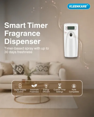 Kleenkare Smart Timer Fragrance Dispenser: Automated Freshness, Total Control Transform your environment with effortless, around-the-clock aroma. The Kleenkare Smart Timer Fragrance Dispenser automatically releases a burst of premium scent at intervals you choose. Perfect for homes, offices, and commercial washrooms, it eliminates odors instantly and ensures your space always smells inviting.