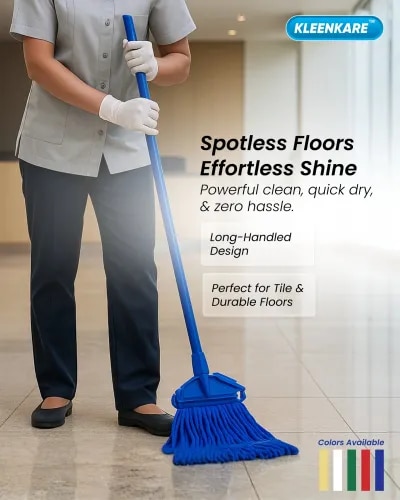 A wet mop is an absorbent, long-handled mop used to clean floors with water or a cleaning solution to remove dirt, stains, and grease. The mop is moistened, wrung out, and then wiped across the floor to dissolve and absorb contaminants. Wet mopping is suitable for high-traffic areas, tile, and other durable surfaces that can handle moisture, and it is used for deep cleaning or removing tough messes. #cleaning #wet mopping #hygienic #smart cleaning
