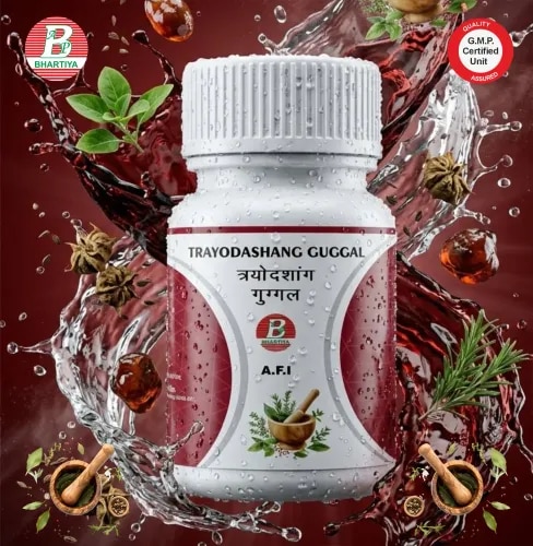 TRAYODASANG GUGGULProduct Identification • Generic Name: Trayodasang Guggulu • Type: Ayurvedic Polyherbal Formulation• Primary Indication Area: Musculoskeletal and joint health support• Therapeutic Indications: Used in Ayurveda for conditions associated with Vāta imbalance, including:• Joint pain and stiffness • Neuromuscular weakness • Degenerative joint conditions • Inflammatory musculoskeletal disorders • Support in recovery from musculoskeletal injury and nerve-related discomfortKey Benefits:• Joint Pain Relief: Helps reduce discomfort associated with Vāta imbalance in joints and muscles• Reduces Stiffness: Supports improved flexibility and mobility in stiff joints• Nerve & Musculoskeletal Support: Traditionally used to support neuromuscular function and strength Anti-Inflammatory Action (Traditional): Helps manage swelling and inflammatory conditions in joints and tissues• Supports Degenerative Conditions: Used in Ayurveda for age-related joint wear and musculoskeletal weakness• Improves Movement Comfort: Aids in smoother movement by balancing Vāta in the body• Recovery Support: Traditionally used as supportive therapy in musculoskeletal injury and weakness• Strengthens Body Tissues: Supports overall bone, joint, and connective tissue health• Vāta Balancing Effect: Helps restore functional balance in Vāta-dominant disorders• General Mobility Support: Promotes ease of movement and physical stabilityFORMULAEach Tablet contains: Baboola 1 partAshvagandha 1 partHapsua 1 partGuduchi 1 partShatavari 1 partGokshura 1 partVrddhadarka 1 partRasna 1 partSatahva 1 partSati 1 partYavani 1 partSunthi 1 partShudh Guggul 1 partGoghrita 1 partIngredients:1. Babool•Botanical/Scientific Name: Vachellia nilotica• Rasa–Guna–Vīrya–Vipāka:• Rasa: Kaṣāya (Astringent) • Guna: Rūkṣa (Dry), Laghu (Light) • Vīrya: Śīta (Cooling) • Vipāka: Kaṭu (Pungent) • Prabhāva: Sandhāna (Supports tissue binding and healing)Mechanism of Action (Karma):• Śotha-Hara Karma: Helps reduce inflammation and swelling in musculoskeletal tissues• Sandhāna Karma: Promotes tissue repair and supports structural healing• Rakta-Stambhana Karma: Helps control minor bleeding and supports vascular stability• Kapha-Pitta Śāmaka Karma: Balances Kapha and Pitta involved in inflammatory conditions2. Ashwagandha• Botanical/Scientific Name: Withania somnifera• Rasa–Guna–Vīrya–Vipāka:• Rasa: Tikta (Bitter), Kaṣāya (Astringent) • Guna: Laghu (Light), Snigdha (Oily) • Vīrya: Uṣṇa (Hot) • Vipāka: Madhura (Sweet) • Prabhāva: Balya–Rasāyana (Strength-promoting and rejuvenating herb)Mechanism of Action (Karma):• Bṛṃhaṇa Karma: Promotes tissue nourishment, muscle strength, and recovery from weakness.• Vāta-Hara Karma: Reduces Vāta-related pain, stiffness, and neuromuscular discomfort• Rasāyana Karma: Supports long-term rejuvenation of bones, muscles, and nerves• Balya Karma: Improves physical strength, stamina, and functional recovery3. Hapusa• Botanical/Scientific Name: Juniperus communis• Rasa–Guna–Vīrya–Vipāka:• Rasa: Tikta (Bitter), Kaṭu (Pungent) • Guna: Laghu (Light), Rūkṣa (Dry), Tīkṣṇa (Sharp) • Vīrya: Uṣṇa (Hot) • Vipāka: Kaṭu (Pungent) • Prabhāva: Śothaghna (Anti-inflammatory action)Mechanism of Action (Karma):• Śotha-Hara Karma: Reduces swelling and inflammatory conditions in joints and tissues• Vedana-Hara Karma: Helps relieve pain and discomfort in musculoskeletal disorders• Āma-Pācana Karma: Assists in digestion of metabolic toxins contributing to inflammation• Srotoshodhana Karma: Clears obstructed channels, improving circulation and healing4. Guduchi• Botanical/Scientific Name: Tinospora cordifolia• Rasa–Guna–Vīrya–Vipāka:• Rasa: Tikta (Bitter), Kaṣāya (Astringent) • Guna: Laghu (Light), Snigdha (Unctuous) • Vīrya: Uṣṇa (Hot) • Vipāka: Madhura (Sweet) • Prabhāva: Rasāyana (Deep rejuvenative and immunomodulatory herb)Mechanism of Action (Karma):• Rasāyana Karma: Promotes tissue regeneration, vitality, and long-term musculoskeletal health• Vāta-Pitta-Kapha Śāmaka Karma: Balances all three Doṣas, especially in inflammatory and degenerative conditions• Śotha-Hara Karma: Reduces inflammation, swelling, and tissue irritation• Āma-Pācana Karma: Helps detoxify and metabolize accumulated Āma contributing to joint disorders5. Shatavari• Botanical/Scientific Name: Asparagus racemosus• Rasa–Guna–Vīrya–Vipāka:• Rasa: Madhura (Sweet), Tikta (Bitter) • Guna: Guru (Heavy), Snigdha (Unctuous) • Vīrya: Śīta (Cooling) • Vipāka: Madhura (Sweet) • Prabhāva: Stanyajanana–Rasāyana (Nourishing and rejuvenating tonic herb)Mechanism of Action (Karma):• Bṛṃhaṇa Karma: Supports tissue building, nourishment, and strength• Rasāyana Karma: Promotes regeneration and rejuvenation of bones and connective tissues• Pitta-Śāmaka Karma: Reduces heat, inflammation, and burning sensations in tissues• Balya Karma: Improves strength, stamina, and recovery capacity8. Rasna• Botanical/Scientific Name: Pluchea lanceolata• Rasa–Guna–Vīrya–Vipāka:• Rasa: Tikta (Bitter), Kaṭu (Pungent) • Guna: Laghu (Light), Rūkṣa (Dry), Tīkṣṇa (Sharp) • Vīrya: Uṣṇa (Hot) • Vipāka: Kaṭu (Pungent) • Prabhāva: Vāta-Kapha Hara (Special action on musculoskeletal and joint disorders)Mechanism of Action (Karma):• Vāta-Śāmaka Karma: Reduces pain, stiffness, and nerve-related discomfort• Śotha-Hara Karma: Helps reduce inflammation and swelling in joints and tissues• Vedana-Hara Karma: Relieves musculoskeletal pain and tenderness• Srotoshodhana Karma: Clears obstructed channels, improving circulation and mobility9. Satahva (Shatapushpa)• Botanical/Scientific Name: Anethum sowa• Rasa–Guna–Vīrya–Vipāka:• Rasa: Kaṭu (Pungent), Tikta (Bitter) • Guna: Laghu (Light), Snigdha (Oily) • Vīrya: Uṣṇa (Hot) • Vipāka: Madhura (Sweet) • Prabhāva: Deepana–Pācana (Improves digestion and metabolism)Mechanism of Action (Karma):• Āma-Pācana Karma: Helps digest metabolic toxins that contribute to joint stiffness and inflammation• Vāta-Anulomana Karma: Supports proper movement of Vāta, reducing pain and obstruction• Śotha-Hara Karma: Reduces mild swelling and tissue congestion• Srotoshodhana Karma: Improves channel clearance and nutrient flow to tissues10. Sati• Botanical/Scientific Name: Hedychium spicatum• Rasa–Guna–Vīrya–Vipāka:• Rasa: Tikta (Bitter), Kaṭu (Pungent) • Guna: Laghu (Light), Rūkṣa (Dry), Tīkṣṇa (Sharp) • Vīrya: Uṣṇa (Hot) • Vipāka: Kaṭu (Pungent) • Prabhāva: Vāta-Kapha Hara (Special action in pain and inflammatory conditions)Mechanism of Action (Karma):• Vāta-Śāmaka Karma: Reduces nerve pain, stiffness, and muscular tightness• Śotha-Hara Karma: Helps reduce swelling and inflammatory responses• Vedana-Hara Karma: Alleviates musculoskeletal pain and discomfort• Srotoshodhana Karma: Clears obstructed channels and improves tissue flow11. Yavani• Botanical/Scientific Name: Trachyspermum ammi• Rasa–Guna–Vīrya–Vipāka:• Rasa: Kaṭu (Pungent), Tikta (Bitter) • Guna: Laghu (Light), Rūkṣa (Dry), Tīkṣṇa (Sharp) • Vīrya: Uṣṇa (Hot) • Vipāka: Kaṭu (Pungent) • Prabhāva: Deepana–Pācana (Strong digestive and metabolic stimulant)Mechanism of Action (Karma):• Āma-Pācana Karma: Helps eliminate metabolic toxins contributing to joint stiffness and inflammation• Vāta-Anulomana Karma: Regulates Vāta movement, reducing pain and obstruction• Śotha-Hara Karma: Assists in reducing mild swelling and tissue inflammation• Srotoshodhana Karma: Improves microchannel clearance and nutrient circulation12. Sunthi (Dry Ginger)• Botanical/Scientific Name: Zingiber officinale• Rasa–Guna–Vīrya–Vipāka:• Rasa: Kaṭu (Pungent) • Guna: Laghu (Light), Snigdha (Slightly unctuous), Tīkṣṇa (Sharp) • Vīrya: Uṣṇa (Hot) • Vipāka: Madhura (Sweet) • Prabhāva: Āma-Pācana (Strong toxin-digesting and bio-clearing action)Mechanism of Action (Karma):• Āma-Pācana Karma: Digests metabolic toxins responsible for joint pain, stiffness, and inflammation• Vāta-Kapha Hara Karma: Balances Vāta and Kapha, reducing pain, heaviness, and swelling• Śotha-Hara Karma: Helps reduce inflammatory swelling in muscles and joints• Vedana-Hara Karma: Alleviates musculoskeletal pain and discomfort13. Shuddha Guggul• Botanical/Scientific Name: Commiphora mukul• Rasa–Guna–Vīrya–Vipāka:• Rasa: Tikta (Bitter), Kaṭu (Pungent), Kaṣāya (Astringent) • Guna: Laghu (Light), Rūkṣa (Dry), Tīkṣṇa (Sharp) • Vīrya: Uṣṇa (Hot) • Vipāka: Kaṭu (Pungent) • Prabhāva: Lekhana (Scraping action on pathological accumulations)Mechanism of Action (Karma):• Vāta-Kapha Hara Karma: Reduces pain, stiffness, and swelling in joints and muscles• Śotha-Hara Karma: Helps control inflammation in musculoskeletal conditions• Lekhana Karma: Removes deep-seated toxins and pathological deposits from tissues• Asthi-Sandhi Bala Karma: Supports strength and stability of bones and joints• Srotoshodhana Karma: Clears blocked channels and improves tissue nutrition14. Goghrita• Botanical/Scientific Name: ghee• Rasa–Guna–Vīrya–Vipāka:• Rasa: Madhura (Sweet) • Guna: Snigdha (Unctuous), Guru (Heavy), Mridu (Soft) • Vīrya: Śīta (Cooling) • Vipāka: Madhura (Sweet) • Prabhāva: Yogavāhī & Rasāyana (Enhances action of herbs and promotes tissue nourishment)Mechanism of Action (Karma):• Yogavāhī Karma: Enhances absorption, potency, and delivery of co-administered herbal ingredients• Rasāyana Karma: Promotes rejuvenation and nourishment of bones, nerves, and connective tissues• Vāta-Pitta Śāmaka Karma: Balances Vāta and Pitta, reducing pain, inflammation, and burning sensations• Bṛṃhaṇa Karma: Supports tissue building, strength, and recovery in degenerative conditions• Smṛti & Medhya Support: Traditionally supports nervous system function and mental clarityDosage of Trayodasang Guggulu• Adult Dose: 250 mg – 1 g per dose• Frequency: 2–3 times daily• Common Use: 1–2 tablets (500 mg each) twice daily• Anupāna (Vehicle):• Warm water • Warm milk • As directed by physician • Timing: After meals• Duration: As per condition and physician advice• Precaution: Use under medical supervision in pregnancy, lactation, and sensitive digestion casestrayodashang guggulu uses in hindi, trayodashang guggulu, trayodashang guggulu benefits in hinditrayodashang guggulu uses, trayodashang guggulu benefits, trayodashang guggulu uses in hindi ingredientstrayodashang guggulu tablet uses in hindi, trayodashang guggulu in hindi, trayodashang guggulu ingredientstrayodashang guggulu uses in hindi price, trayodashang guggulu amazon, trayodashang guggulu ayurvedic medicinetrayodashang guggulu ayurvedic, trayodashang guggulu ayur times, trayodashang guggulu before or after foodtrayodashang guggulu best company, trayodashang guggulu benefits in english, trayodashang guggulu buytrayodashang guggulu content, trayodashang guggulu composition, trayodashang guggulu containstrayodashang guggulu cost, trayodashang guggulu dosage, trayodashang guggulu dawaitrayodashang guggulu uses in english, trayodashang guggulu fayde, trayodashang guggulu for whattrayodashang guggulu hindi, trayodashang guggulu how to take, trayodashang guggulu himalayatrayodashang guggulu ingredients in hindi, trayodashang guggulu indication, trayodashang guggulu is used fortrayodashang guggulu images, trayodashang guggulu kis kaam aata hai, trayodashang guggulu ka use,trayodashang guggulu khane ke fayde, trayodashang guggulu mrp, trayodashang guggulu main ingredientstrayodashang guggulu medicine use, trayodashang guggulu multani, trayodashang guggulu near metrayodashang guggulu online, trayodashang guggulu online shopping, benefits of trayodashang guggulutrayodashang guggulu price, trayodashang guggulu preparation, trayodashang guggulu price in indiatrayodashang guggulu when to take, trayodashang guggulu syrup, trayodashang guggulu tablettrayodashang guggulu tablet uses, trayodashang guggulu tablet price,trayodashang guggulu tabtriphala guggulu tablet uses, triphala guggulu tablet uses in hindi, trayodashang guggulu kaise use karebenefits of trayodashang guggul, what is trayodashang guggulu, does trayodasang guggulu when to takedoes trayodasang guggulu benefits, does trayodasang guggulu dosage, does trayodasang guggulu how to usedoes trayodasang guggulu in hindi, was trayodasang guggulu benefits, top trayodasang guggulu usestop trayodasang guggulu uses in hindi, top trayodasang guggulu flipkart
