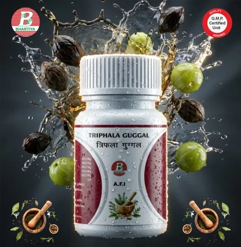 TRIPHALA GUGGULProduct Identification • Generic Name: Triphala Guggul• Type: Ayurvedic Polyherbal Formulation• Primary Indication Area: Anorectal disorders (Piles / Hemorrhoids)Therapeutic Indications: Traditionally used for:• Hemorrhoids (Arsha) • Painful piles with swelling • Bleeding or non-bleeding hemorrhoids (mild to moderate cases) • Constipation-associated anorectal disorders • Anal inflammation and discomfortKey Benefits:• Relieves constipation by improving bowel movement (reduces straining) • Helps reduce swelling in anal veins due to anti-inflammatory action • Supports pain relief in mild to moderate piles • Softens stool, making defecation easier and less traumatic • May reduce bleeding tendency in early-stage hemorrhoids (supportive effect) • Improves gut detox & digestion, which helps prevent recurrence • Supports healing of inflamed anorectal tissue over time matrix from premature wear and tear, reducing the risk of frequent fractures in old age.FORMULAEach Tablet contains: Haritaki 48gBibhitaki 48gAmalaki 48gPippali 48gShudh Guggul 240g Ingredients:1. Haritaki (Terminalia chebula)• Botanical/Scientific Name: Terminalia chebula • Rasa–Guna–Vīrya–Vipāka: o Rasa: Kaṣāya (Astringent), Amla (Sour), Madhura (Sweet), Tikta (Bitter), Kaṭu (Pungent) o Guna: Laghu (Light), Rūkṣa (Dry) o Vīrya: Uṣṇa (Hot) o Vipāka: Madhura (Sweet) • Prabhāva: Virecana & Anulomana (Mild laxative and bowel regulator) Mechanism of Action (Karma):• Anulomana Karma: Regulates Apana Vayu, improves bowel evacuation and prevents constipation-related straining. • Deepana-Pachana Karma: Enhances digestive fire and reduces Ama (toxins). • Shothahara Karma: Helps reduce inflammatory swelling in anorectal tissues. 2. Bibhitaki (Terminalia bellirica)• Botanical/Scientific Name: Terminalia bellirica • Rasa–Guna–Vīrya–Vipāka: o Rasa: Kaṣāya (Astringent) o Guna: Laghu (Light), Rūkṣa (Dry) o Vīrya: Uṣṇa (Hot) o Vipāka: Madhura (Sweet) • Prabhāva: Lekhana (Scraping action) Mechanism of Action (Karma):• Medohara Karma: Helps in reduction of excessive tissue congestion and metabolic impurities. • Shothahara Karma: Reduces inflammation and venous swelling in hemorrhoidal tissue. • Stambhana Karma (mild): Supports control of excessive discharge/bleeding tendencies. 3. Amalaki (Emblica officinalis)• Botanical/Scientific Name: Emblica officinalis • Rasa–Guna–Vīrya–Vipāka: o Rasa: Pancha Rasa (All tastes except Lavana), predominantly Amla (Sour) o Guna: Guru (Heavy), Rūkṣa (Dry) o Vīrya: Śīta (Cooling) o Vipāka: Madhura (Sweet) • Prabhāva: Rasayana (Rejuvenator) Mechanism of Action (Karma):• Rasayana Karma: Promotes tissue repair and cellular regeneration. • Pitta Shamana Karma: Reduces inflammation, burning sensation, and mucosal irritation in piles. • Rakta Prasadana Karma: Improves blood quality and supports healing of vascular damage. 4. Pippali (Piper longum)• Botanical/Scientific Name: Piper longum • Rasa–Guna–Vīrya–Vipāka: o Rasa: Kaṭu (Pungent) o Guna: Laghu (Light), Snigdha (Oily) o Vīrya: Uṣṇa (Hot) o Vipāka: Madhura (Sweet) • Prabhāva: Yogavahi (Bioavailability enhancer) Mechanism of Action (Karma):• Deepana-Pachana Karma: Enhances digestion and reduces Ama accumulation. • Srotoshodhana Karma: Clears micro-channels, improving drug absorption. • Yogavahi Karma: Enhances therapeutic potency of the entire formulation. 5. Shuddha Guggul (Commiphora mukul resin)• Botanical/Scientific Name: Commiphora mukul (Purified resin) • Rasa–Guna–Vīrya–Vipāka: o Rasa: Tikta (Bitter), Kaṭu (Pungent), Kashaya (Astringent) o Guna: Laghu (Light), Rūkṣa (Dry), Tikshna (Sharp) o Vīrya: Uṣṇa (Hot) o Vipāka: Kaṭu (Pungent) • Prabhāva: Lekhana & Shothahara (Scraping and anti-inflammatory action) Mechanism of Action (Karma):• Shothahara Karma: Reduces inflammation and venous swelling in hemorrhoids. • Lekhana Karma: Helps reduce fibrotic tissue and venous congestion. • Vata-Kapha Shamana Karma: Balances aggravated Vata and Kapha in anorectal disorders. • Rakta Prasadana Karma: Improves microcirculation and healing in affected tissues. Dosage of Triphala Guggul• Form: Tablet / Capsule • Dose: 1–2 tablets (250–500 mg each) • Frequency: Twice daily (BID) • Timing: After food • Anupana: Lukewarm water.triphala guggulu, triphala guggulu uses and benefits in hindi, triphala guggulu usestriphala guggulu tablet, triphala guggulu kis kaam aata hai, triphala guggulu ke faydetriphala guggulu uses in hindi, triphala guggul amazon, triphala and guggul benefitstriphala and guggul, triphala guggulu ayurveda, triphala guggul benefitstriphala guggul benefits in hindi, triphala guggul benefits weight losstriphala guggulu before or after food, triphala guggul contenttriphala guggul churna, triphala guggul composition, triphala guggulu contraindicationstriphala guggul dosage, triphala guggulu dose per day, triphala guggulu ds usestriphala guggulu empty stomach, triphala guggulu expiry date, triphala guggul for weight losstriphala guggul fayde, triphala guggul goli ke fayde, triphala guggul goli, triphala guggul hinditriphala guggulu how to use, triphala guggulu how to take, triphala guggul kya hai, triphala guggul ingredientstriphala guggul in hindi, triphala guggul image, triphala guggul is used for, what is triphala guggulhow does triphala guggul work, triphala guggul kya hota hai, triphala guggul ke faydetriphala guggul ke fayde in hindi, triphala guggul kis kaam aata hai, triphala guggul khane ke faydetriphala guggul kaise khaye, triphala guggul ke labh, triphala guggul weight losstriphala guggul medicine, triphala guggul meaning in hindi, triphala guggulu mode of actiontriphala guggulu mrp, triphala guggulu medicine use, triphala guggulu near metriphala guggulu online, triphala guggul tablet ke fayde, triphala guggulu referencetriphala guggulu reviews, triphala guggul tablets benefits, triphala guggul tablet pricetriphala guggulu use, how to take triphala guggul, ingredients of triphala gugguljeena sikho triphala guggul tablets, jeena sikho triphala guggul, where triphala guggulu is bestwhere triphala guggul how to take, when triphala should be taken, when triphala should takehow to take triphala guggulu tablets, how to use triphala guggulu, how to take triphala gugguluhow to make triphala guggulu, why triphala guggulu, why triphala guggul tabletswhy triphala guggulu tablets, why triphala guggul do, best triphala guggulu tabletsbest triphala guggulu, triphala guggulu best brand, best time to take triphala guggulutriphala guggulu best company, which is the best triphala, top triphala brandstop triphala powder