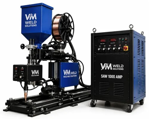The SAW 1000 AMP Welding Machine is a high-capacity submerged arc welder designed for continuous heavy-duty industrial applications. Engineered with thyristor/IGBT controlled technology, it provides stable DC output, deep weld penetration, and high deposition rates, making it perfect for shipbuilding, structural steel, pipelines, pressure vessels, and heavy fabrication industries.Key Features:Process: SAW (Submerged Arc Welding) – DC OutputTechnology: Advanced Thyristor / IGBT inverter controlled systemOutput Current: Up to 1000 AMP for welding thick plates & structuresWire Feeder: Heavy-duty flux & wire feeding system with precision controlWire Size Support: 2.0mm – 6.0mm submerged arc wireFunctions: Constant Voltage / Constant Current operation modesDuty Cycle: Industrial-grade for continuous welding operationsCooling: Forced air / optional water cooling systemDesign: Rugged build with wheels for easy movement and long life