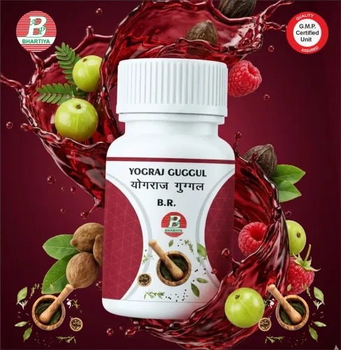 YOGRAJ GUGGULProduct Identification • Generic Name: Yograj Guggul• Type: Ayurvedic Polyherbal Formulation• Primary Indication Area: Chronic joint pain and stiffness (Sandhivata / osteoarthritis-type conditions) • Especially when pain is caused by Vata imbalance (dryness, cracking, stiffness, movement restriction)Therapeutic Indications: Traditionally used for:• Osteoarthritis (Sandhivata) – joint pain, stiffness, restricted movement • Rheumatoid arthritis-like conditions (Amavata) – inflammatory joint pain and swelling • Sciatica (Gridhrasi) – radiating nerve pain from back to legs • Cervical and lumbar spondylosis – chronic spine pain and stiffness • Gout (Vatarakta) – uric acid–related inflammatory joint disorders • Chronic back and neck pain (Kati & Greeva Shoola) • General musculoskeletal weakness – bones, joints, ligaments, and musclesKey Benefits: Relieves joint pain and stiffness • Helps reduce chronic pain in knees, hips, shoulders, and spine Improves joint mobility • Supports better movement in osteoarthritis and spondylosis Reduces inflammation (traditional action) • Useful in inflammatory joint conditions like Amavata and gout Eases nerve pain • Helps in sciatica and radiating neuropathic pain Supports spine health • Beneficial in cervical and lumbar spondylosis-related discomfort Aids detoxification (Ama reduction in Ayurveda) • Helps improve digestion and reduce toxin accumulation linked with joint issues Strengthens musculoskeletal system (long-term use) • Supports bones, ligaments, and overall Vata balanceFORMULAEach Tablet contains: Chitraka 1 part Pippalimula 1 part Yavani 1 part Krishna Jiraka 1 part Vidanga 1 part Ajmoda 1 part Sveta Jiraka 1 part Devdaru 1 part Chavya 1 part Ela 1 part Saindhava Lavana 1 part Kushta 1 part Rasna 1 part Gokshura 1 part Dhanyka 1 part Haritaki 1 part Bibhitaki 1 part Amalaki 1 part Musta 1 part Sunthi 1 part Maricha 1 part Pippali 1 part Tvak 1 part Usira 1 part Yava Kshar 1 part Talisa Patra 1 part Tejpatra 1 part Shudh Guggul 1 part Goghrita 1 part Ingredients:1. Chitraka Botanical/Scientific Name: Plumbago zeylanica Rasa–Guna–Vīrya–Vipāka:o Rasa: Kaṭu (Pungent)o Guna: Laghu (Light), Rūkṣa (Dry), Tikṣṇa (Sharp)o Vīrya: Uṣṇa (Hot)o Vipāka: Kaṭu (Pungent)• Prabhāva: Deepana–Pachana (Strong digestive stimulant)Mechanism of Action (Karma):• Strongly digests Ama (toxins)• Reduces inflammatory swelling in joints• Improves Agni and metabolism• Clears obstructed Srotas (channels) in arthritis2. PippalimulaBotanical/Scientific Name: Piper longum (root)Rasa–Guna–Vīrya–Vipāka:o Rasa: Kaṭu (Pungent)o Guna: Laghu, Rūkṣao Vīrya: Uṣṇa (Hot)o Vipāka: Kaṭu• Prabhāva: Deepana–Vata-Kapha ShamakaMechanism of Action (Karma):• Improves digestion of Ama• Reduces stiffness and heaviness in joints• Pacifies Vata-Kapha in musculoskeletal system• Supports pain reduction in chronic arthritis3. YavaniBotanical/Scientific Name: Trachyspermum ammiRasa–Guna–Vīrya–Vipāka:o Rasa: Kaṭu, Tiktao Guna: Laghu, Rūkṣa, Tikṣṇao Vīrya: Uṣṇao Vipāka: Kaṭu• Prabhāva: Vata-Kapha ShamakaMechanism of Action (Karma):• Reduces joint stiffness• Improves digestion and Ama clearance• Relieves inflammatory pain• Enhances joint mobility4. Krishna Jiraka Botanical/Scientific Name: Nigella sativaRasa–Guna–Vīrya–Vipāka:o Rasa: Kaṭu, Tiktao Guna: Laghu, Rūkṣao Vīrya: Uṣṇao Vipāka: Kaṭu• Prabhāva: Shothahara (Anti-inflammatory)Mechanism of Action (Karma):• Reduces joint inflammation• Modulates immune response in arthritis• Decreases swelling and pain• Supports tissue protection5. Vidanga Botanical/Scientific Name: Embelia ribes Rasa–Guna–Vīrya–Vipāka:o Rasa: Kaṭu, Tiktao Guna: Laghu, Rūkṣa, Tikṣṇao Vīrya: Uṣṇao Vipāka: Kaṭu• Prabhāva: Krimighna (Detoxifying action)Mechanism of Action (Karma):• Removes deep-seated toxins (Ama)• Reduces chronic inflammatory load• Improves Srotas cleansing• Supports joint healing process6. Ajmoda Botanical/Scientific Name: Apium leptophyllum Rasa–Guna–Vīrya–Vipāka:o Rasa: Kaṭu, Tiktao Guna: Laghu, Rūkṣao Vīrya: Uṣṇao Vipāka: Kaṭu• Prabhāva: VataharaMechanism of Action (Karma):• Reduces Vata-induced pain• Relieves stiffness in joints• Improves neuromuscular function• Enhances circulation in affected joints7. Sveta Jiraka Botanical/Scientific Name: Cuminum cyminum Rasa–Guna–Vīrya–Vipāka:o Rasa: Kaṭu, Tiktao Guna: Laghu, Rūkṣao Vīrya: Uṣṇao Vipāka: Kaṭu• Prabhāva: DeepanaMechanism of Action (Karma):• Improves digestion of Ama• Reduces joint heaviness• Supports metabolic clearance• Helps reduce stiffness8. DevdaruBotanical/Scientific Name: Cedrus deodaraRasa–Guna–Vīrya–Vipāka:o Rasa: Tikta, Kaṭuo Guna: Laghu, Rūkṣao Vīrya: Uṣṇao Vipāka: Kaṭu• Prabhāva: Vata-Kapha ShamakaMechanism of Action (Karma):• Reduces joint pain and inflammation• Improves blood circulation in joints• Relieves stiffness in spine disorders• Useful in sciatica-like pain9. ChavyaBotanical/Scientific Name: Piper chabaRasa–Guna–Vīrya–Vipāka:o Rasa: Kaṭuo Guna: Laghu, Rūkṣao Vīrya: Uṣṇao Vipāka: Kaṭu• Prabhāva: DeepanaMechanism of Action (Karma):• Enhances digestion of Ama• Reduces Kapha-related heaviness• Improves joint mobility• Reduces chronic inflammatory pain10. ElaBotanical/Scientific Name: Elettaria cardamomumRasa–Guna–Vīrya–Vipāka:o Rasa: Madhura, Tikta, Kaṭuo Guna: Laghu, Snigdhao Vīrya: Śītao Vipāka: Madhura• Prabhāva: Hridya (cardio-protective, soothing)Mechanism of Action (Karma):• Improves circulation• Reduces inflammatory stress• Supports mild analgesic effect• Enhances drug absorption11. Saindhava LavanaBotanical/Scientific Name: Rock saltRasa–Guna–Vīrya–Vipāka:o Rasa: Lavaṇa (Salty)o Guna: Snigdha, Sukshmao Vīrya: Anuṣṇa-Śītao Vipāka: Madhura• Prabhāva: YogavahiMechanism of Action (Karma):• Enhances penetration of medicines• Improves Srotas opening• Reduces stiffness• Supports pain relief12. KushtaBotanical/Scientific Name: Saussurea lappaRasa–Guna–Vīrya–Vipāka:o Rasa: Tikta, Kaṭuo Guna: Laghu, Rūkṣa, Tikṣṇao Vīrya: Uṣṇao Vipāka: Kaṭu• Prabhāva: Vata-Kapha ShamakaMechanism of Action (Karma):• Reduces deep-seated joint pain• Improves nerve-related pain (sciatica-like)• Reduces stiffness and inflammation• Enhances circulation in affected joints13. RasnaBotanical/Scientific Name: Pluchea lanceolataRasa–Guna–Vīrya–Vipāka:o Rasa: Tikta, Kaṭuo Guna: Laghu, Rūkṣao Vīrya: Uṣṇao Vipāka: Kaṭu• Prabhāva: Vata-ShamakaMechanism of Action (Karma):• Strong anti-arthritic action• Reduces joint swelling and stiffness• Relieves chronic musculoskeletal pain• Improves mobility in spondylosis14. Gokshura Botanical/Scientific Name: Tribulus terrestrisRasa–Guna–Vīrya–Vipāka:o Rasa: Madhura, Tiktao Guna: Guru (Heavy), Snigdhao Vīrya: Śītao Vipāka: Madhura• Prabhāva: Balya (strengthening)Mechanism of Action (Karma):• Strengthens bones and joints• Improves ligament and tendon health• Reduces degenerative weakness• Supports long-term joint stability15. DhanyakaBotanical/Scientific Name: Coriandrum sativumRasa–Guna–Vīrya–Vipāka:o Rasa: Madhura, Tiktao Guna: Laghu, Snigdhao Vīrya: Śītao Vipāka: Madhura• Prabhāva: Deepana-Pachana (mild)Mechanism of Action (Karma):• Reduces Ama formation• Soothes inflammatory conditions• Improves digestion in chronic arthritis• Supports detoxification16. HaritakiBotanical/Scientific Name: Terminalia chebulaRasa–Guna–Vīrya–Vipāka:o Rasa: Kaṣāya, Amla, Madhura, Tikta, Kaṭuo Guna: Laghu, Rūkṣao Vīrya: Uṣṇao Vipāka: Madhura• Prabhāva: AnulomanaMechanism of Action (Karma):• Regulates Vata movement• Reduces Ama accumulation• Supports detoxification in chronic disease• Reduces inflammatory swelling17. BibhitakiBotanical/Scientific Name: Terminalia belliricaRasa–Guna–Vīrya–Vipāka:o Rasa: Kaṣāyao Guna: Laghu, Rūkṣao Vīrya: Uṣṇao Vipāka: Madhura• Prabhāva: Kapha-Pitta Shamaka Mechanism of Action (Karma):• Reduces joint inflammation• Clears toxins from tissues• Improves metabolic balance• Supports chronic arthritis recovery18. AmalakiBotanical/Scientific Name: Emblica officinalisRasa–Guna–Vīrya–Vipāka:o Rasa: Amla, Madhura, Tikta, Kaṣāyao Guna: Laghu, Rūkṣao Vīrya: Śītao Vipāka: Madhura• Prabhāva: RasayanaMechanism of Action (Karma):• Protects cartilage from degeneration• Reduces oxidative stress in joints• Strengthens bones and connective tissue• Supports long-term joint health19. MustaBotanical/Scientific Name: Cyperus rotundusRasa–Guna–Vīrya–Vipāka:o Rasa: Tikta, Kaṭuo Guna: Laghu, Rūkṣao Vīrya: Śītao Vipāka: Kaṭu• Prabhāva: PachanaMechanism of Action (Karma):• Reduces Ama formation• Improves digestion and metabolism• Reduces inflammatory swelling• Supports detoxification in arthritis20. SunthiBotanical/Scientific Name: Zingiber officinaleRasa–Guna–Vīrya–Vipāka:o Rasa: Kaṭuo Guna: Laghu, Snigdhao Vīrya: Uṣṇao Vipāka: Madhura• Prabhāva: Ama-PachanaMechanism of Action (Karma):• Reduces stiffness and pain• Improves circulation in joints• Digests Ama and toxins• Anti-inflammatory action21. MarichaBotanical/Scientific Name: Piper nigrumRasa–Guna–Vīrya–Vipāka:o Rasa: Kaṭuo Guna: Laghu, Rūkṣa, Tikṣṇao Vīrya: Uṣṇao Vipāka: Kaṭu• Prabhāva: YogavahiMechanism of Action (Karma):• Enhances bioavailability of herbs• Reduces Kapha and Ama• Improves joint circulation• Reduces chronic inflammation22. PippaliBotanical/Scientific Name: Piper longumRasa–Guna–Vīrya–Vipāka:o Rasa: Kaṭuo Guna: Laghu, Snigdhao Vīrya: Uṣṇao Vipāka: Madhura• Prabhāva: RasayanaMechanism of Action (Karma):• Rejuvenates joint tissues• Reduces Vata-Kapha imbalance• Improves Agni and metabolism• Supports chronic pain relief23. TvakBotanical/Scientific Name: Cinnamomum zeylanicumRasa–Guna–Vīrya–Vipāka:o Rasa: Kaṭu, Tikta, Madhurao Guna: Laghu, Rūkṣao Vīrya: Uṣṇao Vipāka: Kaṭu• Prabhāva: ShothaharaMechanism of Action (Karma):• Reduces inflammation in joints• Improves blood circulation• Relieves pain and stiffness• Supports metabolic balance24. UsiraBotanical/Scientific Name: Vetiveria zizanioidesRasa–Guna–Vīrya–Vipāka:o Rasa: Tikta, Madhurao Guna: Laghu, Snigdhao Vīrya: Śītao Vipāka: Madhura• Prabhāva: Pitta ShamakaMechanism of Action (Karma):• Reduces burning and inflammation• Soothes joint tissues• Detoxifies blood• Supports cooling anti-inflammatory action25. Yava KsharaBotanical/Scientific Name: Alkali preparation from Hordeum vulgare (barley)Rasa–Guna–Vīrya–Vipāka:o Rasa: Katu, Lavanao Guna: Tikshna, Sukshma, Laghuo Vīrya: Ushnao Vipāka: Katu• Prabhāva: Lekhana (scraping action)Mechanism of Action (Karma):• Removes obstruction in Srotas (channels)• Reduces stiffness due to Ama accumulation• Improves mobility in joints• Helps in metabolic clearance of toxins26. Talisa PatraBotanical/Scientific Name: Abies webbiana (or related species)Rasa–Guna–Vīrya–Vipāka:o Rasa: Katu, Tiktao Guna: Laghu, Rūkṣao Vīrya: Ushnao Vipāka: Katu• Prabhāva: Kapha-Vata ShamakaMechanism of Action (Karma):• Reduces chronic pain and stiffness• Improves respiratory and metabolic function• Helps in Ama digestion• Supports anti-inflammatory activity27. TejpatraBotanical/Scientific Name: Cinnamomum tamalaRasa–Guna–Vīrya–Vipāka:o Rasa: Katu, Tiktao Guna: Laghu, Rūkṣao Vīrya: Ushnao Vipāka: Katu• Prabhāva: DeepanaMechanism of Action (Karma):• Improves Agni and digestion• Reduces Ama-related joint stiffness• Enhances circulation• Helps in pain reduction28. Shuddha Guggul• Botanical/Scientific Name: Commiphora mukul (purified resin)• Rasa–Guna–Vīrya–Vipāka:o Rasa: Tikta, Katuo Guna: Laghu, Rūkṣa, Sarao Vīrya: Ushnao Vipāka: Katu• Prabhāva: Yogavahi, LekhanaMechanism of Action (Karma):• Major anti-inflammatory action on joints• Reduces swelling and synovial inflammation• Clears lipid and toxin deposits in tissues• Improves joint mobility and lubrication29. GoghritaBotanical/Scientific Name: Cow ghee (Clarified butter from cow milk)Rasa–Guna–Vīrya–Vipāka:o Rasa: Madhurao Guna: Snigdha, Guru, Mriduo Vīrya: Shitao Vipāka: Madhura• Prabhāva: Yogavahi, RasayanaMechanism of Action (Karma):• Acts as carrier for deep tissue delivery of herbs• Nourishes Asthi (bone) and Majja (marrow)• Reduces dryness and Vata aggravation• Enhances long-term tissue healingDosage of Triphala Guggul• Form: Tablet / Capsule • Dose: 1–2 tablets (250–500 mg each) • Frequency: Twice daily (BID) • Timing: After food • Anupana: Lukewarm water.yograj guggulu, yograj guggulu benefits in hindi, yograj guggulu tablet uses in hindiyograj guggulu uses, yograj guggulu uses in hindi, yograj guggulu ke faydeyograj guggulu kis kaam aata hai, yograj guggulu benefits, yograj guggulu ingredientsyograj guggulu ayurvedic medicine uses, yograj guggulu ayurvedic medicineyograj guggulu amazon, yograj guggul botanical name, yograj guggulu compositionyograj guggulu dose per day, yograj guggulu dose, yograj guggul easy ayurvedawhat is yograj guggul, what is yograj guggulu, yograj guggul use, how to take yograj gugguluyograj guggulu easy ayurveda, yograj guggulu uses easy ayurvedayograj guggulu for joint pain, yograj guggulu for piles, yograj guggulu flipkartyograj guggulu for constipation, yograj guggulu how to useyograj guggulu hamdard, yograj guggulu how to takeyograj guggul ingredients, yograj guggul in hindi, yograj guggul is used foryograj guggul image, yograj guggulu indications, yograj guggulu is used foryograj guggul ke fayde in hindiyograj guggul ke faydeyograj guggul kis kam aati haiyograj guggul khane ke faydeyograj guggul ke fayde aur nuksanyograj guggulu lene ke faydeyograj guggulu maha uses in hindiyograj guggulu maha tablet uses in hindiyograj guggulu medicineyograj guggulu maha usesyograj guggulu main ingredientsyograj guggul netmedsyograj guggulu nagarjunayograj guggulu onlineyograj guggul powderyograj guggul patanjali usesyograj guggul usesyograj guggul use in hindiyograj guggulu uses in hindi priceyograj guggulu uses hindiyograj guggulu uses in englishhow to consume yograj guggulu