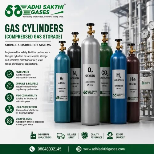 Gas Cylinders (Compressed Gas Storage)ADHI SAKTHI GASES offers durable and safety-tested Gas Cylinders for efficient compressed gas storage across industrial, commercial, and laboratory applications. Our cylinders are designed for leak resistance, long service life, and reliable performance.We ensure dependable product quality and timely supply support for uninterrupted operations.