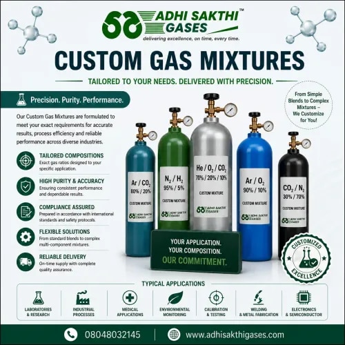 Custom Gas MixturesADHI SAKTHI GASES provides Custom Gas Mixtures tailored for research, calibration, industrial processing, testing, and specialty applications. Our engineered gas mixtures are prepared with accurate concentration levels and strict quality control procedures.With advanced blending capabilities and reliable logistics, we deliver customized gas solutions with excellence and precision.