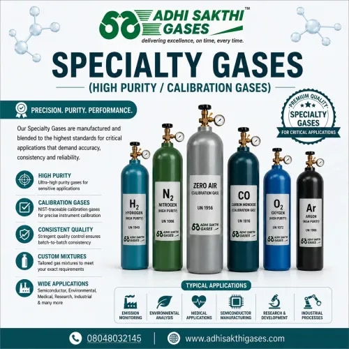 Specialty Gases (High Purity / Calibration Gases)ADHI SAKTHI GASES supplies high-purity Specialty Gases and Calibration Gases for laboratories, analytical instruments, environmental monitoring, pharmaceuticals, and industrial applications. Our gases are manufactured with precise compositions to ensure accurate calibration and dependable analytical results.We focus on precision, consistency, and dependable delivery to support critical industrial and laboratory processes.