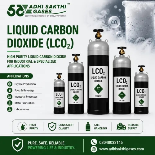 Liquid Carbon Dioxide (LCO₂)ADHI SAKTHI GASES offers Liquid Carbon Dioxide (LCO₂) for food processing, dry ice manufacturing, welding, chemical processing, and industrial cooling applications. Our cryogenic CO₂ systems are engineered for safe handling and consistent industrial performance.Our team ensures reliable product availability with prompt and professional delivery support.