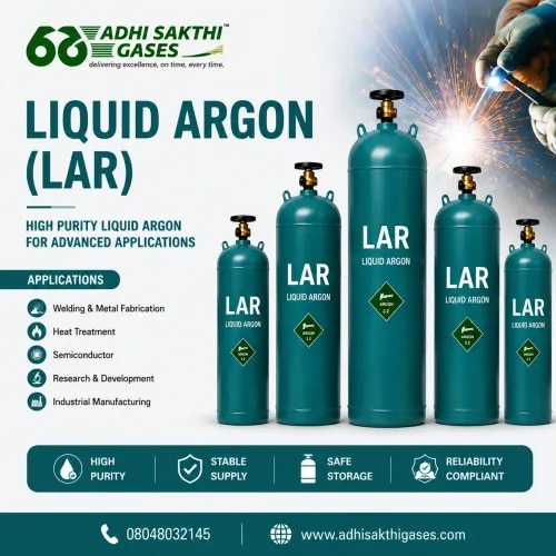 Liquid Argon (LAR)ADHI SAKTHI GASES supplies high-purity Liquid Argon (LAR) for welding, metal processing, semiconductor manufacturing, and laboratory applications. Our cryogenic argon systems provide stable storage conditions and uninterrupted industrial gas supply.We combine product quality, safety, and dependable service to meet critical industrial requirements.