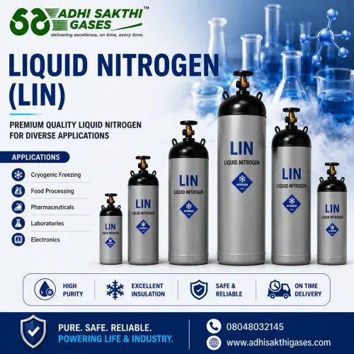 Liquid Nitrogen (LIN)ADHI SAKTHI GASES provides premium-quality Liquid Nitrogen (LIN) for food freezing, laboratories, pharmaceuticals, electronics, and cryogenic applications. Our LIN solutions are supplied through advanced cryogenic storage systems for maximum efficiency and minimal evaporation loss.We are dedicated to delivering high-purity liquid nitrogen with safe handling and timely supply support.