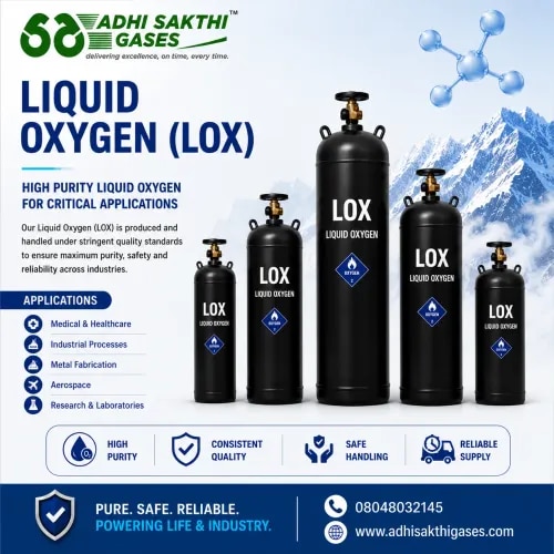 Liquid Oxygen (LOX)ADHI SAKTHI GASES supplies high-purity Liquid Oxygen (LOX) for healthcare, steel plants, chemical industries, and industrial combustion systems. Our cryogenic liquid oxygen solutions are designed for efficient storage, safe handling, and continuous supply operations.We ensure reliable cryogenic delivery with uncompromised purity and operational excellence.