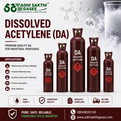 Dissolved Acetylene (DA)ADHI SAKTHI GASES supplies premium-grade Dissolved Acetylene (DA) for welding, cutting, brazing, heating, and fabrication applications. Known for its high flame temperature and efficient combustion, dissolved acetylene is widely used across engineering and metal fabrication industries.Our cylinders are safety-tested and quality-certified to ensure reliable industrial performance and uninterrupted supply support.