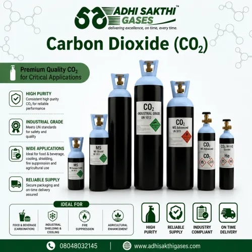 Carbon Dioxide (CO₂)ADHI SAKTHI GASES supplies high-quality Carbon Dioxide (CO₂) gas for beverage carbonation, welding, food preservation, fire suppression systems, and industrial processing. Our CO₂ gas is manufactured and distributed under strict quality standards to ensure safe and efficient usage.We deliver reliable carbon dioxide solutions tailored to industrial and commercial requirements — on time, every time.