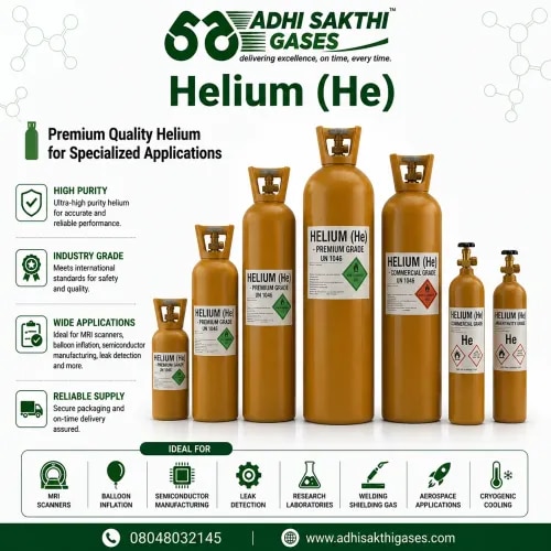 Helium (He)ADHI SAKTHI GASES offers high-purity Helium (He) gas for leak detection, scientific research, MRI cooling systems, semiconductor manufacturing, and aerospace applications. Our helium gas is known for consistent purity and dependable supply standards.With focus on quality assurance and customer satisfaction, we ensure uninterrupted helium supply for critical applications.