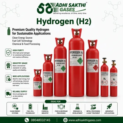Hydrogen (H₂)

ADHI SAKTHI GASES supplies high-purity Hydrogen (H₂) gas for chemical processing, research laboratories, electronics, heat treatment, and industrial manufacturing applications. Our hydrogen gas is handled under stringent safety protocols to ensure reliable industrial performance.

We are committed to providing safe, high-quality hydrogen gas with timely and efficient delivery support.