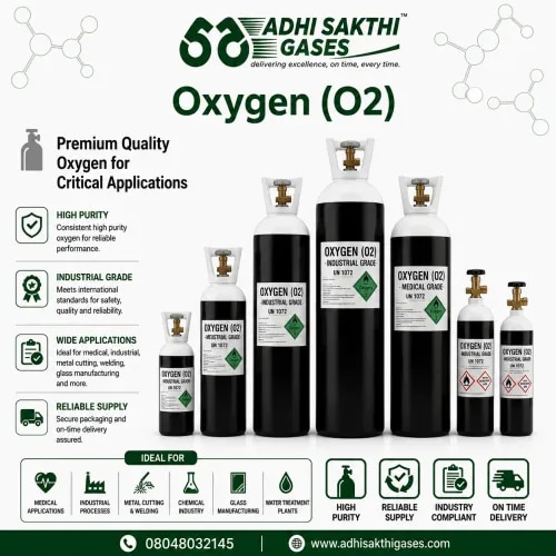 Oxygen (O₂)ADHI SAKTHI GASES supplies high-purity Oxygen (O₂) for industrial, fabrication, healthcare, and process applications with assured purity, safety, and reliable delivery. Our oxygen gas is widely used in steel manufacturing, welding, cutting, chemical processing, and industrial combustion systems. Every cylinder is filled under strict quality control standards to ensure consistent performance and operational efficiency.With a strong distribution network and commitment to timely service, ADHI SAKTHI GASES ensures uninterrupted oxygen supply — delivering excellence, on time, every time.