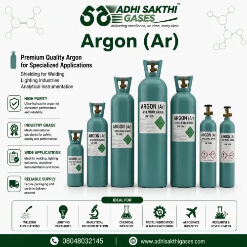 Argon (Ar)ADHI SAKTHI GASES provides premium-quality Argon (Ar) gas for welding, stainless steel fabrication, metal processing, laboratories, and semiconductor industries. Our argon gas ensures stable arc performance, reduced contamination, and superior welding efficiency.Backed by reliable logistics and quality assurance, we deliver high-purity argon solutions with precision and punctuality.