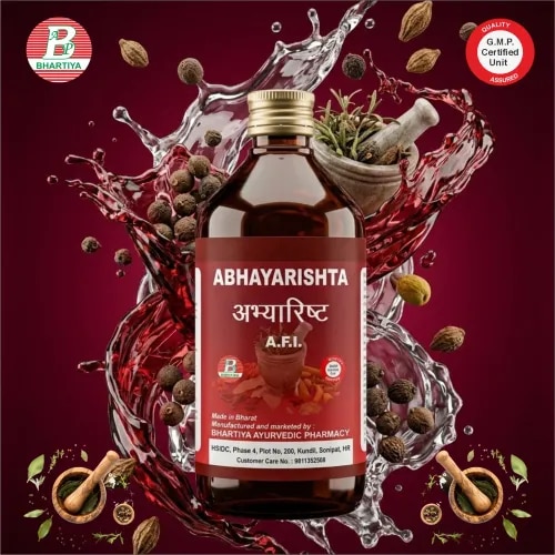 ABHYARISHTAProduct IdentificationGeneric Name: Abhyarishta Type: Ayurvedic Polyherbal FormulationPrimary Indication Area: Primarily used as a mild laxative for chronic constipation, and also indicated in hemorrhoids (piles), abdominal bloating, and indigestion-related bowel irregularities.Therapeutic Indications: • Chronic constipation (mild to moderate laxative action) • Hemorrhoids (Arsha / piles)—especially when associated with constipation and straining • Indigestion (Agnimandya) • Abdominal bloating and gas (flatulence) • Gastrointestinal sluggishness / irregular bowel movements • Grahani (IBS-like conditions)—support in malabsorption and unstable digestion • Loss of appetite related to poor digestion • Mild abdominal discomfort due to digestive imbalanceKey Benefits• Natural bowel regulation – helps relieve constipation by promoting gentle, regular bowel movements • Improves digestion (Agni support) – enhances digestive fire and reduces heaviness after meals • Reduces abdominal bloating and gas – helps ease discomfort caused by indigestion and fermentation • Supports hemorrhoids management – by reducing straining and improving stool consistency • Detoxifying action – helps clear accumulated waste (Ama) from the digestive tract • Mild and gradual action – suitable for long-term digestive support compared to harsh laxatives • Improves appetite indirectly – by correcting sluggish digestion • Balances gut function – supports overall intestinal tone and regularityFORMULA Each part contains:Haritaki 4.800 kgDraksha 2.400 kg Vidanga 480 gMadhuka Kusum 480 gWater 49.152 L reduced to 12.288 LGuda 4.800 kg Gokshura 96 gTrivrit 96 gDhaniya 96 gIndra Varuni 96 gChavya 96 gMishreya 96 gSunthi 96 gDanti 96 gSalmali 96 gIngredients:1. Haritaki Botanical Name: Terminalia chebula• Rasa: Pancha rasa (except Lavana), Kashaya Pradhan • Guna: Laghu, Ruksha • Virya: Ushna • Vipaka: Madhura • Prabhava: Anulomana, Tridoshahara Mechanism of Action • Regulates Apana Vata to ensure proper downward movement of stool • Softens hardened faecal matter by increasing intestinal lubrication • Enhances peristaltic movement without causing irritation • Clears accumulated Ama from colon and digestive tract • Supports long-term bowel regularity and colon tone restoration 2. Draksha (Vitis vinifera)• Rasa: Madhura, Kashaya • Guna: Guru, Snigdha • Virya: Sheeta • Vipaka: Madhura • Prabhava: Mridu Virechana, Rasayana Mechanism of Action • Increases water content in intestinal lumen, softening stool consistency • Provides natural bulk and lubrication for smoother bowel evacuation • Soothes inflamed mucosa and reduces irritation in GI tract • Helps reduce burning sensation associated with hyperacidity or constipation • Supports gentle cleansing without disturbing gut flora balance 3. Vidanga Embelia ribes)• Rasa: Katu, Kashaya • Guna: Laghu, Ruksha • Virya: Ushna • Vipaka: Katu • Prabhava: Krimighna Mechanism of Action • Eliminates intestinal parasites that disrupt digestion and absorption • Reduces microbial imbalance responsible for fermentation and gas formation • Enhances digestive enzyme activity by reducing Ama load • Improves intestinal cleanliness leading to better nutrient absorption • Restores healthy gut ecology by suppressing pathogenic organisms 4. Madhuka Kusum Botanical Name: Madhuca longifolia• Rasa: Madhura • Guna: Guru, Snigdha • Virya: Sheeta • Vipaka: Madhura • Prabhava: Pittashamak, Varnya Mechanism of Action • Coats and protects gastric and intestinal mucosa from irritation • Reduces excess gastric acid secretion and inflammatory response • Promotes regeneration of damaged gut epithelial lining • Improves digestion by reducing burning and hypersensitivity in gut • Stabilizes digestive tract environment for smoother functioning 5. Gokshura Botanical Name: Tribulus terrestris• Rasa: Madhura, Tikta • Guna: Guru, Snigdha • Virya: Sheeta • Vipaka: Madhura • Prabhava: Mutrala, Balya Mechanism of action • Supports elimination of metabolic waste through urinary excretion pathways • Reduces systemic inflammation that indirectly affects digestion • Helps maintain electrolyte and fluid balance influencing bowel consistency • Improves tissue nourishment, indirectly strengthening gut function • Supports detoxification by reducing toxin recirculation in system 6. Trivrit Botanical Name: Operculina turpethum• Rasa: Katu, Tikta • Guna: Laghu, Ruksha • Virya: Ushna • Vipaka: Katu • Prabhava: Prabal Virechana Mechanism of action • Strongly stimulates intestinal motility leading to purgation • Activates peristalsis to clear impacted faecal matter • Breaks down deep-seated Ama accumulation in lower GI tract • Reduces chronic Vata obstruction causing constipation • Facilitates complete bowel evacuation in resistant cases 7. Dhaniya (Coriander) Botanical Name: Coriandrum sativum• Rasa: Madhura, Tikta, Kashaya • Guna: Laghu, Snigdha • Virya: Sheeta • Vipaka: Madhura • Prabhava: Shoolahara Mechanism of action • Relaxes intestinal smooth muscles reducing spasms and cramping • Inhibits excessive gas formation in intestines • Enhances secretion of digestive enzymes in a balanced manner • Calms irritated gut lining and reduces inflammation • Supports smooth digestion without excessive heat or irritation 8. Indra Varuni Botanical Name: Citrullus colocynthis• Rasa: Tikta, Katu • Guna: Laghu, Ruksha • Virya: Ushna • Vipaka: Katu • Prabhava: Tikshna Virechana Mechanism of action • Stimulates strong intestinal contractions for evacuation • Clears obstructed bowel passages in chronic constipation • Promotes detoxification by inducing purgation of accumulated waste • Reduces intestinal stagnation and heaviness • Acts on deeper intestinal channels for cleansing action 9. Chavya Botanical Name: Piper retrofractum• Rasa: Katu • Guna: Laghu, Ruksha • Virya: Ushna • Vipaka: Katu • Prabhava: Deepana, Pachana Mechanism of action• Stimulates gastric secretions and digestive enzyme release • Enhances breakdown of heavy and undigested food • Improves intestinal motility and absorption efficiency • Reduces Ama accumulation by accelerating metabolism • Strengthens Agni for sustained digestive performance 10. Mishreya (Fennel) Botanical Name: Foeniculum vulgare• Rasa: Madhura • Guna: Laghu, Snigdha • Virya: Sheeta • Vipaka: Madhura • Prabhava: Shoolahara Mechanism of action • Relaxes intestinal muscles to relieve gas and bloating • Prevents excessive fermentation in gut lumen • Enhances bile flow supporting fat digestion • Reduces colic pain and abdominal discomfort • Promotes smooth and non-irritating digestion 11. Sunthi Botanical Name: Zingiber officinale• Rasa: Katu • Guna: Laghu, Ruksha • Virya: Ushna • Vipaka: Madhura • Prabhava: Ama Pachana Mechanism of action • Activates Agni leading to improved digestion and metabolism • Breaks down Ama (metabolic toxins) and prevents accumulation • Stimulates gastrointestinal motility and enzyme secretion • Reduces gas formation by enhancing food breakdown • Improves absorption of nutrients from digested food 12. Danti Botanical Name: Baliospermum montanum• Rasa: Katu, Tikta • Guna: Laghu, Ruksha • Virya: Ushna • Vipaka: Katu • Prabhava: Prabal Virechana Mechanism of action • Induces strong purgation by stimulating intestinal secretions • Clears stubborn faecal accumulation in colon • Relieves chronic constipation by activating bowel evacuation reflex • Reduces deep-seated Ama and metabolic congestion • Restores bowel clearance in resistant digestive sluggishness 13. Salmali Botanical Name: Bombax ceiba• Rasa: Madhura, Kashaya • Guna: Guru, Snigdha • Virya: Sheeta • Vipaka: Madhura • Prabhava: Sandhaniya Mechanism of action• Protects and repairs intestinal mucosal lining • Reduces irritation caused by strong purgative herbs • Supports stool softening through gentle lubricating effect • Enhances gut tissue strength and resilience • Promotes healing after detoxification or purgation Dosage• Adults: 15–30 ml • Twice daily after meals (generally after lunch and dinner) • With equal quantity of water (1:1 dilution is commonly recommended) Common usage guidance• Take after food to reduce gastric irritation and improve digestion • Can be used regularly for constipation, indigestion, and piles-related discomfort • Duration typically varies from 2–6 weeks depending on condition severity Important notes• Not recommended for self-use in pregnancy or severe diarrhea • Dose may be reduced in weak digestion or sensitive individuals • Strong purgative herbs in the formulation mean long-term unsupervised use should be avoidedabhayarishta, abhayarishta syrup, abhayarishta uses in hindiabhayarishta syrup uses, abhayarishta uses, abhayarishta ke faydeabhayarishta benefits in hindi, abhayarishta syrup benefits in hindiabhayarishta kis kaam aati hai, abhayarishta ayurvedicabhayarishta ayurvedic medicine, abhayarishta ayurvedic medicine uses in hindiabhayarishta ayurvedic syrup, abhayarishta ayurvedic syrup uses in hindiabhayarishta ayurvedic dawai kya kam aati hai, abhayarishta compositionabhayarishta contents, abhayarishta composition in hindi, abhayarishta content in hindiabhayarishta che fayde, abhayarishta dose per day, abhayarishta dosageabhayarishta dose for adults, abhayarishta expiry date, abhayarishta on empty stomachabhayarishta for piles, abhayarishta for constipation, abhayarishta for liverabhayarishta fayde, abhayarishta for weight loss, abhayarishta good for pilesabhayarishta good for liver, abhayarishta ke gun, abhayarishta hindiabhayarishta how to use, abhayarishta how to take, abhayarishta hindi useabhayarishta hamdard, abhayarishta in hindi, abhayarishta in hindi useabhayarishta is used for, abhayarishta indication, abhayarishta lene ka tarikaabhayarishta lene ke fayde, abhayarishta liquid, abhayarishta liquid usesabhayarishta lene ka sahi tarika, abhayarishta liquid uses in hindiabhayarishta lene ke nuksan, abhayarishtam uses in hindiabhayarishtam syrup, abhayarishtam syrup uses, abhayarishtam syrup uses in hindican abhayarishta cure piles, can abhayarishta be taken daily, can abhayarishta cure constipationcan abhayarishta cause acidity
