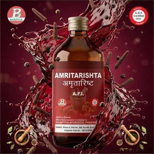 AMRITARISHTAProduct IdentificationGeneric Name: AmritarishtaType: Ayurvedic Polyherbal Fermented Formulation (Arishta)Primary Indication Area:Primarily used as a blood purifier, immunomodulator, and anti-inflammatory tonic, indicated in chronic fever, skin disorders, gout, and systemic inflammatory conditions.Therapeutic Indications:• Chronic and recurrent fever (Jwara) • Rheumatic disorders and inflammatory conditions • Gout (Uric acid-related disorders) • Skin diseases (Kushta—eczema, itching, psoriasis-like conditions) • Hepatomegaly and splenic disorders (supportive) • General debility after chronic illness • Loss of immunity and recurrent infections • Detoxification and blood purification Key Benefits• Immunomodulatory action – strengthens body’s defense system • Anti-inflammatory support – reduces systemic inflammation and pain • Blood purification – helps eliminate metabolic toxins (Ama) • Fever regulation – useful in chronic and recurrent fevers • Skin health improvement – reduces itching, eruptions, and inflammation • Joint health support – useful in gout and inflammatory joint pain • Restorative tonic action – improves strength after prolonged illness • Balances Pitta and Vata disordersFORMULA Each part contains:Main Decoction Drugs (Kwatha Dravyas):• Guduchi (Tinospora cordifolia) -4.800 kg• Bilva (Aegle marmelos) -480 g• Shyonaka (Oroxylum indicum) -480 g• Gambhari (Gmelina arborea) -480 g• Patala (Stereospermum suaveolens) -480 g• Agnimantha (Clerodendrum phlomidis) -480 g• Shalaparni (Desmodium gangeticum) -480 g• Prishniparni (Uraria picta) -480 g• Brihati (Solanum indicum) -480 g• Kantakari (Solanum xanthocarpum) -480 g• Gokshura (Tribulus terrestris) -480 gPrakshepa Dravyas (Added after decoction):• Shweta Jeera (Cuminum cyminum) -48 g• Parpata (Fumaria indica) -48 g• Saptaparna (Alstonia scholaris) -48 g• Sunthi (Zingiber officinale) -48 g• Maricha (Piper nigrum) -48 g• Pippali (Piper longum) -48 g• Nagkesar (Mesua ferrea) -48 g• Musta (Cyperus rotundus) -48 g• Kutaki (Picrorhiza kurroa) -48 g• Ativisha (Aconitum heterophyllum) -48 g• Indrayava (Holarrhena antidysenterica) -48 g Fermentation Base:• Guda (Jaggery)-14.400 kg • Water (for decoction & fermentation)-49152 L reduced to 12.288 L1. Guduchi (Tinospora cordifolia)• Rasa: Tikta, Kashaya • Guna: Laghu, Snigdha • Virya: Ushna • Vipaka: Madhura • Prabhava: Rasayana, Jwaraghna Mechanism of Action:• Enhances immune cell activity (macrophage stimulation) • Reduces systemic inflammation and fever tendency • Detoxifies Ama from blood and tissues • Supports liver detoxification and metabolic clearance • Improves resistance against recurrent infections 2. Bilva (Aegle marmelos)• Rasa: Kashaya, Tikta • Guna: Laghu, Ruksha • Virya: Ushna • Vipaka: Katu • Prabhava: Grahi, Deepana Mechanism of Action:• Improves intestinal tone and controls abnormal bowel movements • Reduces intestinal inflammation and abdominal discomfort • Regulates Vata in gastrointestinal tract • Supports digestion and absorption balance • Prevents toxin accumulation from improper digestion 3. Shyonaka (Oroxylum indicum)• Rasa: Tikta, Kashaya • Guna: Laghu, Ruksha • Virya: Ushna • Vipaka: Katu • Prabhava: Shothahara Mechanism of Action:• Reduces systemic inflammation and tissue swelling • Supports joint and musculoskeletal health • Improves microcirculation and tissue repair • Balances Vata-Pitta inflammatory pathways • Helps in chronic pain and stiffness conditions 4. Gambhari (Gmelina arborea)• Rasa: Madhura, Tikta • Guna: Guru, Snigdha • Virya: Sheeta • Vipaka: Madhura • Prabhava: Balya, Rasayana Mechanism of Action:• Provides nourishment to depleted tissues • Enhances strength and recovery after illness • Reduces fatigue and systemic weakness • Supports muscle and tissue regeneration • Balances Vata-induced debility 5. Patala (Stereospermum suaveolens)• Rasa: Tikta, Kashaya • Guna: Laghu • Virya: Ushna • Vipaka: Katu • Prabhava: Vatahara Mechanism of Action:• Reduces Vata-related pain and stiffness • Improves circulation and tissue oxygenation • Supports anti-inflammatory activity in joints • Helps detoxify metabolic waste • Relieves systemic heaviness 6. Agnimantha (Clerodendrum phlomidis)• Rasa: Katu, Tikta • Guna: Laghu, Ruksha • Virya: Ushna • Vipaka: Katu • Prabhava: Deepana, Pachana Mechanism of Action:• Stimulates digestive fire (Agni) • Enhances breakdown and metabolism of Ama • Improves nutrient assimilation • Reduces bloating and sluggish digestion • Balances gut-related Vata disorders 7. Shalaparni (Desmodium gangeticum)• Rasa: Madhura • Guna: Guru, Snigdha • Virya: Sheeta • Vipaka: Madhura • Prabhava: Balya, Vatahara Mechanism of Action:• Strengthens neuromuscular system • Reduces fatigue and physical weakness • Improves tissue repair and regeneration • Supports anti-inflammatory response • Enhances vitality in chronic illness 8. Prishniparni (Uraria picta)• Rasa: Madhura • Guna: Guru, Snigdha • Virya: Sheeta • Vipaka: Madhura • Prabhava: Rasayana Mechanism of Action:• Improves tissue nourishment and strength • Enhances recovery from systemic illness • Reduces inflammatory fatigue • Supports immune modulation • Strengthens musculoskeletal system 9. Brihati (Solanum indicum)• Rasa: Tikta, Katu • Guna: Laghu, Ruksha • Virya: Ushna • Vipaka: Katu • Prabhava: Vata-Kapha hara Mechanism of Action:• Reduces respiratory and systemic congestion • Enhances metabolic activity • Improves digestion and toxin clearance • Relieves inflammatory pain • Supports systemic detoxification 10. Kantakari (Solanum xanthocarpum)• Rasa: Tikta, Katu • Guna: Laghu, Ruksha • Virya: Ushna • Vipaka: Katu • Prabhava: Shwasahara Mechanism of Action:• Clears respiratory and systemic mucus • Reduces inflammatory congestion • Enhances metabolic detox pathways • Supports anti-inflammatory activity • Improves tissue clearance 11. Gokshura (Tribulus terrestris)• Rasa: Madhura, Tikta • Guna: Guru, Snigdha • Virya: Sheeta • Vipaka: Madhura • Prabhava: Mutrala Mechanism of Action:• Supports urinary detoxification system • Reduces systemic toxin load • Improves tissue strength and nourishment • Maintains fluid-electrolyte balance • Supports recovery in chronic weakness 12. Shweta Jeera (Cuminum cyminum)• Rasa: Katu, Tikta • Guna: Laghu, Ruksha • Virya: Ushna • Vipaka: Katu • Prabhava: Deepana, Pachana Mechanism of Action:• Stimulates digestive enzymes and Agni • Reduces gas formation and bloating • Enhances gut motility • Improves nutrient absorption • Supports metabolic digestion 13. Parpata (Fumaria indica)• Rasa: Tikta • Guna: Laghu, Ruksha • Virya: Sheeta • Vipaka: Katu • Prabhava: Raktashodhaka Mechanism of Action:• Purifies blood and reduces toxins • Supports liver detoxification • Reduces skin and inflammatory disorders • Helps clear metabolic waste • Balances Pitta-related conditions 14. Saptaparna (Alstonia scholaris)• Rasa: Tikta • Guna: Laghu, Ruksha • Virya: Ushna • Vipaka: Katu • Prabhava: Jwaraghna Mechanism of Action:• Reduces chronic fever conditions • Supports immune regulation • Acts against microbial imbalance • Improves systemic detoxification • Stabilizes inflammatory response 15. Sunthi (Zingiber officinale)• Rasa: Katu • Guna: Laghu, Ruksha • Virya: Ushna • Vipaka: Madhura • Prabhava: Ama Pachana Mechanism of Action:• Activates digestive fire (Agni) • Breaks down Ama (metabolic toxins) • Improves circulation and metabolism • Reduces gas and heaviness • Enhances nutrient absorption 16. Maricha (Piper nigrum)• Rasa: Katu • Guna: Laghu, Ruksha • Virya: Ushna • Vipaka: Katu • Prabhava: Yogavahi Mechanism of Action:• Enhances bioavailability of herbs • Stimulates digestive enzymes • Improves metabolic rate • Reduces Ama accumulation • Supports respiratory and digestive cleansing 17. Pippali (Piper longum)• Rasa: Katu • Guna: Laghu, Snigdha • Virya: Ushna • Vipaka: Madhura • Prabhava: Rasayana Mechanism of Action:• Enhances Agni and digestion • Improves respiratory and metabolic function • Reduces chronic inflammation • Supports tissue rejuvenation • Enhances absorption of nutrients 18. Nagkesar (Mesua ferrea)• Rasa: Kashaya, Tikta • Guna: Laghu, Ruksha • Virya: Sheeta • Vipaka: Katu • Prabhava: Raktastambhana Mechanism of Action:• Controls bleeding and inflammatory conditions • Supports blood purification • Reduces tissue inflammation • Improves wound healing • Balances Pitta disorders 19. Musta (Cyperus rotundus)• Rasa: Tikta, Katu • Guna: Laghu, Ruksha • Virya: Sheeta • Vipaka: Katu • Prabhava: Deepana, Pachana Mechanism of Action:• Improves digestion and enzyme activity • Reduces diarrhea and gut irritation • Controls Ama formation • Supports metabolic balance • Calms gastrointestinal inflammation 20. Kutaki (Picrorhiza kurroa)• Rasa: Tikta • Guna: Laghu, Ruksha • Virya: Sheeta • Vipaka: Katu • Prabhava: Hepatoprotective Mechanism of Action:• Supports liver detoxification and regeneration • Enhances bile secretion and metabolism • Removes accumulated toxins from blood • Reduces inflammatory liver conditions • Improves digestion via hepatic support 21. Ativisha (Aconitum heterophyllum)• Rasa: Tikta, Katu • Guna: Laghu, Ruksha • Virya: Ushna • Vipaka: Katu • Prabhava: Deepana, Jwaraghna Mechanism of Action:• Reduces fever and infectious conditions • Enhances digestive strength • Controls diarrhea and gut infections • Supports immune response • Reduces Ama-related disorders 22. Indrayava (Holarrhena antidysenterica)• Rasa: Tikta, Kashaya • Guna: Laghu, Ruksha • Virya: Sheeta • Vipaka: Katu • Prabhava: Grahi, Krimighna Mechanism of Action:• Controls diarrhea and intestinal infections • Eliminates intestinal parasites • Improves gut absorption and stability • Reduces inflammation in GI tract • Restores intestinal microbial balance 23. Guda (Jaggery)• Rasa: Madhura • Guna: Guru • Virya: Ushna • Vipaka: Madhura • Prabhava: Yogavahi Mechanism of Action:• Acts as fermentation medium in Arishta preparation • Enhances absorption of herbal constituents • Improves bioavailability of active compounds • Supports mild nutritive energy supply • Facilitates proper fermentation process Dosage• Adults: 15–30 ml • Twice daily after meals • With equal quantity of water (1:1 dilution) Common Usage Guidance• Useful in fever, inflammation, and weakness • Supports digestion and detoxification simultaneously • Typically used for 4–8 weeks • Best taken after meals for better tolerance Important Notes• Use cautiously in diabetes (contains jaggery) • Avoid overdose due to strong herbal potency • Not for acute severe dehydration or extreme weakness • Should be taken under Ayurvedic supervision in chronic disease amritarishta syrup, amritarishta syrup uses in hindi, amritarishta ke faydeamritarishta syrup uses, amritarishta use in hindi, amritarishta ayurvedic medicine uses in hindiamritarishta uses, amritarishta syrup uses in hindi price, amritarishta ayurvedic medicineamritarishta ayurvedic syrup uses in hindi, amritarishta ayurvedic, amritarishta ayurvedic medicine usesamritarishta ayurvedic syrup uses, amritarishta ayurvedic dawai kis kaam aati haiamritarishta ayurvedic syrup, amritarishta amazon, amritarishta benefits, amritarishta benefits in hindiamritarishta banane ki vidhi, amritarishta composition, amritarishta contents, amritarishta dosageamritarishta dawa ke fayde, amritarishta dawai kis kaam aati hai, amritarishta dawaiamritarishta dose, amritarishta easy ayurveda, amritarishta expiry date, amritarishta how to takeamritarishta hindi use, amritarishta use, hamdard amritarishta, amritarishta syrup hindiamritarishta kya hai, amritarishta benefits hindi, amritarishta is used for, amritarishta indicationamritarishta image, amritarishta immune support, amritarishta in kannada, amritarishta uses hindiamritarishta ke fayde in hindi, amritarishta kis kaam mein aati hai, amritarishta kis chij ki dawai haiamritarishta kis kaam aata hai, amritarishta kaise lena chahiyeamritarishta kis liye hoti hai, amritarishta kiske liye hai, amritarishta medicine uses in hindiamritarishta medicine uses, amritarishta mrp, amritarishta near me, amritarishta syrup near meamritarishta online, amritarishta syrup online, amritarishta buy online, amritarishta before or after fooduses of amritarishta, use of amritarishta in hindi, use of amritarishta syrup, benefits of amritarishta syrupamritarishta peene ke kya fayde hain, amritarishta price in india, amritarishta planet ayurvedaamritarishta review, amritarishta syrup kis kaam aata hai, amritarishta syrup benefitsamritarishta syrup ingredients, amritarishta ayurvedic tonic, amritarishta vati, amritarishta when to takeamritarishta ayurveda, amritarishtam use, amritarishta syrup uses in english, amritarishta uses in englishhow to take amritarishta syrup, how to take amritarishta, health benefits of amritarishta