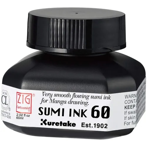 ZIG KURETAKE Cartoonist SUMI Ink 60 ML Black for dip Pen Brush, Artist Ideal for Illustration Lettering Drawing Writing outlining on Bright and Dark Colored Papers AP-Certified
SUMI INK is a high quality ink recommended for use by professional cartoonists, as well as beginners.
Very smooth flowing sumi ink / Smudge-proof with alcohol-based markers / Suitable for both professional artist and amateur hobbyists / 60ml 2.02 fl oz
Since it is a water-based pigment ink, ink will not bleed or mix with water once it is dried. It can be used with a color pen of water-based dye ink, or an alcohol based ink pen.
Sumi Ink takes the original concepts behind traditional sumi ink roots where Kuretaked originated, and has continued to create an ink that is perfect for drawing Manga and illustration lines. Also it is good for fountain pen, dip pen, calligraphy, scrapbooks, journals, sketching, and much more.
[Certification] Xylene-free, conforms to ASTM D 4233, ACMI-certified for safety, registered AP mark for sale in the United States.