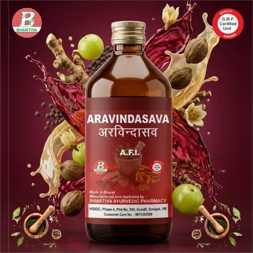 ARVINDASAVA
Product Identification
Generic Name: Arvindasava
Type: Ayurvedic Polyherbal Formulation
Primary Indication Area: Primarily used as a pediatric growth-promoting and digestive tonic, indicated in children’s debility, poor appetite, delayed growth, recurrent digestive disturbances, and developmental weakness.
Therapeutic Indications:
• Chronic constipation (mild to moderate laxative action)
• Hemorrhoids (Arsha / piles)—especially when associated with constipation and straining
• Indigestion (Agnimandya)
• Abdominal bloating and gas (flatulence)
• Gastrointestinal sluggishness / irregular bowel movements
• Grahani (IBS-like conditions)—support in malabsorption and unstable digestion
• Loss of appetite related to poor digestion
• Mild abdominal discomfort due to digestive imbalance
Key Benefits
• Improves appetite (Deepana effect) – enhances digestive fire in children and supports regular eating habits
• Promotes healthy growth and development – supports physical weight gain and tissue nourishment
• Enhances digestion and absorption – improves breakdown and utilization of nutrients
• Boosts immunity – strengthens natural resistance against frequent infections
• Reduces general weakness and fatigue – improves energy levels in debilitated children
• Supports healthy bowel function – helps regulate digestion and relieve mild constipation or indigestion
• Improves overall vitality (Balya action) – acts as a general tonic for pediatric health
• Supports recovery after illness – helps restore strength and appetite after infections or weakness
• Mild hematinic support – may help improve mild nutritional deficiency states
• Enhances overall pediatric well-being – supports balanced growth and development patterns
FORMULA
Each part contains:
Arvinda (kamala) 48 g
Usira 48 g
Gambhari 48 g
Nilotpala (Utpala) 48 g
Manjistha 48 g
Ela 48 g
Bala 48 g
Jatamansi 48 g
Musta 48 g
Sveta Sariva 48 g
Haritaki 48 g
Bibhitaki 48 g
Vach 48 g
Amalaki 48 g
Sati 48 g
Trivrit 48 g
Nili 48 g
Patala 48 g
Parpata 48 g
Arjuna 48 g
Madhuka 48 g
Yasti 48 g
Murva 48 g
Draksha 960 g
Dhataki 768 g
Water 24.576 L
Sarkara 4.800 kg
Madhu 2.400 kg
Ingredients:
1. Arvinda (Nelumbo nucifera / Kamala)
• Rasa: Madhura, Kashaya
• Guna: Guru, Snigdha
• Virya: Sheeta
• Vipaka: Madhura
• Prabhava: Balya, Rasayana
Mechanism of Action:
• Promotes growth and nourishment in children
• Enhances tissue strength and vitality
• Supports mental calmness and emotional balance
• Acts as primary rejuvenative herb in formulation
• Improves immunity and resistance
2. Usira (Vetiveria zizanioides)
• Rasa: Tikta, Madhura
• Guna: Laghu, Ruksha
• Virya: Sheeta
• Vipaka: Madhura
• Prabhava: Pitta shamaka, Stambhana
Mechanism of Action:
• Cools excessive body heat and inflammation
• Reduces irritability and Pitta disorders
• Supports skin and blood purification
• Calms nervous system and improves stability
• Helps detoxification via sweat and urine
3. Gambhari (Gmelina arborea)
• Rasa: Madhura, Tikta
• Guna: Guru, Snigdha
• Virya: Sheeta
• Vipaka: Madhura
• Prabhava: Balya, Rasayana
Mechanism of Action:
• Strengthens tissues and muscle growth
• Reduces fatigue and weakness
• Supports recovery after illness
• Enhances nourishment in children
• Balances Vata-induced debility
4. Nilotpala (Nymphaea nouchali)
• Rasa: Madhura, Kashaya
• Guna: Laghu, Snigdha
• Virya: Sheeta
• Vipaka: Madhura
• Prabhava: Hridya, Medhya
Mechanism of Action:
• Calms mind and reduces stress
• Improves emotional balance
• Supports cardiac and nervous system health
• Enhances cognitive stability in children
• Reduces Pitta-related irritation
5. Manjistha (Rubia cordifolia)
• Rasa: Tikta, Kashaya
• Guna: Guru, Ruksha
• Virya: Ushna
• Vipaka: Katu
• Prabhava: Raktashodhaka
Mechanism of Action:
• Purifies blood and lymphatic system
• Improves skin health and complexion
• Reduces chronic inflammation
• Supports detoxification pathways
• Enhances metabolic clearance
6. Ela (Elettaria cardamomum)
• Rasa: Katu, Madhura
• Guna: Laghu, Snigdha
• Virya: Sheeta
• Vipaka: Madhura
• Prabhava: Deepana, Hridya
Mechanism of Action:
• Improves digestion and appetite
• Reduces gas and bloating
• Supports respiratory clarity
• Enhances palatability of formulation
• Calms digestive tract
7. Bala (Sida cordifolia)
• Rasa: Madhura
• Guna: Guru, Snigdha
• Virya: Sheeta
• Vipaka: Madhura
• Prabhava: Balya, Vatahara
Mechanism of Action:
• Increases strength and muscle tone
• Supports neuromuscular development
• Reduces fatigue and weakness
• Enhances growth in children
• Balances Vata disorders
8. Jatamansi (Nardostachys jatamansi)
• Rasa: Tikta, Kashaya
• Guna: Laghu, Snigdha
• Virya: Sheeta
• Vipaka: Katu
• Prabhava: Medhya, Nidra janana
Mechanism of Action:
• Calms nervous system and anxiety
• Improves sleep quality
• Enhances cognitive stability
• Reduces stress-related imbalance
• Supports brain function
9. Musta (Cyperus rotundus)
• Rasa: Tikta, Katu
• Guna: Laghu, Ruksha
• Virya: Sheet
• Vipaka: Katu
• Prabhava: Deepana, Pachana
Mechanism of Action:
• Improves digestion and metabolism
• Reduces diarrhea and bloating
• Controls gut inflammation
• Prevents Ama formation
• Supports digestive balance
10. Sveta Sariva (Hemidesmus indicus)
• Rasa: Madhura, Tikta
• Guna: Guru, Snigdha
• Virya: Sheeta
• Vipaka: Madhura
• Prabhava: Raktashodhaka, Pitta shamaka
Mechanism of Action:
• Purifies blood and lymph
• Reduces skin disorders and itching
• Cools internal inflammation
• Supports detoxification pathways
• Improves complexion and skin health
11. Haritaki (Terminalia chebula)
• Rasa: Pancha rasa (except Lavana)
• Guna: Laghu, Ruksha
• Virya: Ushna
• Vipaka: Madhura
• Prabhava: Anulomana, Rasayana
Mechanism of Action:
• Regulates bowel movement
• Removes accumulated toxins (Ama)
• Improves digestion and absorption
• Supports long-term gut health
• Enhances immunity and resilience
12. Bibhitaki (Terminalia bellirica)
• Rasa: Kashaya
• Guna: Laghu, Ruksha
• Virya: Ushna
• Vipaka: Madhura
• Prabhava: Kapha-Pitta shamaka
Mechanism of Action:
• Cleanses respiratory and digestive channels
• Reduces mucus and congestion
• Supports detoxification of body fluids
• Improves metabolic clearance
• Enhances gut and respiratory health
13. Vacha (Acorus calamus)
• Rasa: Katu, Tikta
• Guna: Laghu, Tikshna
• Virya: Ushna
• Vipaka: Katu
• Prabhava: Medhya, Lekhana
Mechanism of Action:
• Enhances cognitive function and speech
• Improves digestion and appetite
• Clears mental dullness
• Supports nervous system stimulation
• Helps in toxin removal
14. Amalaki (Emblica officinalis)
• Rasa: Amla pradhana
• Guna: Laghu, Ruksha
• Virya: Sheeta
• Vipaka: Madhura
• Prabhava: Rasayana
Mechanism of Action:
• Strong antioxidant and rejuvenator
• Improves immunity and tissue repair
• Supports digestion and metabolism
• Enhances growth and vitality
• Protects liver and systemic health
15. Sati (Hedychium spicatum)
• Rasa: Katu, Tikta
• Guna: Laghu, Ruksha
• Virya: Ushna
• Vipaka: Katu
• Prabhava: Deepana, Shwasahara
Mechanism of Action:
• Improves digestion and metabolism
• Supports respiratory clearance
• Reduces congestion and mucus
• Enhances appetite
• Helps in toxin metabolism
16. Trivrit (Operculina turpethum)
• Rasa: Katu, Tikta
• Guna: Laghu, Ruksha
• Virya: Ushna
• Vipaka: Katu
• Prabhava: Rechana (purgative)
Mechanism of Action:
• Supports bowel cleansing
• Removes deep-seated toxins
• Improves gut detoxification
• Helps in metabolic clearance
• Balances Pitta disorders
17. Nili (Indigofera tinctoria)
• Rasa: Tikta
• Guna: Laghu, Ruksha
• Virya: Sheeta
• Vipaka: Katu
• Prabhava: Raktashodhaka
Mechanism of Action:
• Purifies blood and skin
• Reduces inflammatory conditions
• Supports liver detoxification
• Improves complexion
• Helps in chronic skin disorders
18. Patala (Stereospermum suaveolens)
• Rasa: Tikta, Kashaya
• Guna: Laghu
• Virya: Ushna
• Vipaka: Katu
• Prabhava: Vata-Kapha shamaka
Mechanism of Action:
• Reduces body pain and stiffness
• Supports anti-inflammatory activity
• Improves circulation and tissue flow
• Helps in detoxification of metabolic waste
• Balances Vata-related discomfort
19. Parpata (Fumaria indica)
• Rasa: Tikta
• Guna: Laghu, Ruksha
• Virya: Sheeta
• Vipaka: Katu
• Prabhava: Raktashodhaka
Mechanism of Action:
• Purifies blood and liver detox pathways
• Reduces skin inflammation and eruptions
• Supports bile regulation and metabolism
• Helps in chronic fever-like conditions
• Clears internal heat (Pitta balance)
20. Arjuna (Terminalia arjuna)
• Rasa: Kashaya
• Guna: Laghu, Ruksha
• Virya: Sheeta
• Vipaka: Katu
• Prabhava: Hridya, Balya
Mechanism of Action:
• Strengthens heart and muscle tissue
• Improves endurance and vitality
• Supports circulation and oxygenation
• Enhances recovery from weakness
• Acts as systemic tonic
21. Madhuka (Glycyrrhiza glabra / Yashtimadhu variant in some texts)
• Rasa: Madhura
• Guna: Guru, Snigdha
• Virya: Sheeta
• Vipaka: Madhura
• Prabhava: Varnya, Balya
Mechanism of Action:
• Soothes mucosal and digestive lining
• Reduces inflammation and irritation
• Supports respiratory and throat health
• Enhances tissue nourishment
• Improves immunity and vitality
22. Yashti (Glycyrrhiza glabra)
• Rasa: Madhura
• Guna: Guru, Snigdha
• Virya: Sheeta
• Vipaka: Madhura
• Prabhava: Rasayana, Varnya
Mechanism of Action:
• Supports hormonal and metabolic balance
• Improves digestion and gut healing
• Reduces inflammation in tissues
• Enhances immunity and strength
• Promotes recovery and rejuvenation
23. Murva (Marsdenia tenacissima)
• Rasa: Tikta, Kashaya
• Guna: Laghu, Ruksha
• Virya: Ushna
• Vipaka: Katu
• Prabhava: Krimighna, Raktashodhaka
Mechanism of Action:
• Supports detoxification of blood
• Helps in microbial and parasitic balance
• Improves liver and metabolic function
• Reduces inflammatory load
• Supports skin and tissue cleansing
24. Draksha (Vitis vinifera)
• Rasa: Madhura
• Guna: Snigdha, Guru
• Virya: Sheeta
• Vipaka: Madhura
• Prabhava: Balya, Hridya
Mechanism of Action:
• Provides natural energy and nourishment
• Improves digestion and strength
• Supports blood formation
• Enhances recovery from weakness
• Acts as mild rejuvenator
25. Dhataki (Woodfordia fruticosa)
• Rasa: Kashaya
• Guna: Laghu, Ruksha
• Virya: Ushna
• Vipaka: Katu
• Prabhava: Sandhana karaka
Mechanism of Action:
• Initiates fermentation process
• Enhances extraction of herbal actives
• Improves potency and stability
• Acts as natural fermenting agent
Supports formation of therapeutic alcohol base
26. Water (Jala)
• Rasa: Madhura (natural quality)
• Guna: Laghu, Snigdha
• Virya: Sheeta
• Vipaka: Madhura
• Prabhava: Anupana, Yogavahi
Mechanism of Action:
• Acts as extraction medium
• Supports decoction and fermentation
• Enhances bioavailability of herbs
• Maintains formulation consistency
• Helps in proper herbal infusion
27. Sarkara (Sugar)
• Rasa: Madhura
• Guna: Guru
• Virya: Sheeta
• Vipaka: Madhura
• Prabhava: Yogavahi, Sandhana karaka
Mechanism of Action:
• Provides fermentation substrate
• Enhances palatability of formulation
• Supports energy and nourishment
• Improves extraction of herbal actives
• Stabilizes fermentation process
28. Madhu (Honey)
• Rasa: Madhura, Kashaya
• Guna: Laghu, Ruksha
• Virya: Sheeta
• Vipaka: Madhura
• Prabhava: Yogavahi, Lekhana
Mechanism of Action:
• Enhances delivery of herbal compounds
• Supports immune modulation
• Improves digestion and absorption
• Acts as natural preservative
• Aids detoxification and channel cleansing
Dosage of Arvindasava
Adults
• 15–30 ml
• Twice daily (BID)
Children
• 3–6 ml
• Twice daily
Infants (special case only)
• 10–20 drops
• 2–3 times daily (only under strict Ayurvedic supervision)
How to Take
• Always after food (post-meal)
• Mix with equal quantity of water (1:1 dilution)
• Shake well before use
Duration
• Commonly 4–12 weeks depending on condition
• Can be continued longer in children for growth support under supervision
Important Precautions
• Avoid taking on an empty stomach (may cause gastric irritation)
• Use caution in diabetes (contains sugar/jaggery base
• Do not exceed recommended dose
• Prefer physician supervision for infants and chronic illness