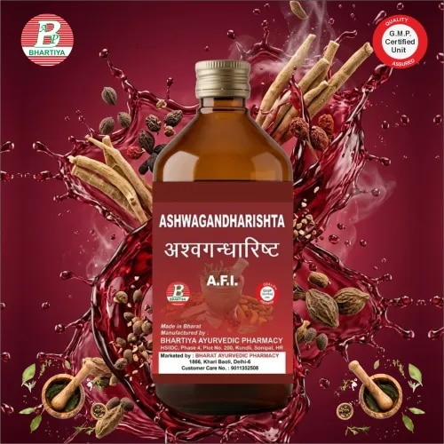 ASHWAGANDHARISHTAProduct IdentificationGeneric Name: AshwagandharishtaType: Ayurvedic Polyherbal Fermented Formulation (Arishta)Primary Indication Area: Primarily used as a rejuvenative (Rasayana) and adaptogenic tonic for improving physical strength, mental well-being, nervous system health, vitality, and recovery from chronic weakness. It is commonly indicated in fatigue, stress, anxiety, debility, insomnia, convalescence, reduced immunity, sexual weakness, and age-related decline in strength and stamina.Therapeutic Indications• General debility (Daurbalya) • Chronic fatigue and physical exhaustion • Stress and anxiety (Chittodvega) • Nervous exhaustion • Insomnia and disturbed sleep • Muscle weakness and reduced stamina • Age-related decline in vitality • Convalescence following prolonged illness • Reduced immunity • Sexual weakness and reproductive debility (supportive therapy) • Mild cognitive impairment associated with stress • Loss of appetite associated with chronic weakness Key Benefits• Supports healthy nervous system function and stress adaptation • Promotes physical strength, stamina, and endurance • Helps reduce fatigue and improves energy levels • Supports restful sleep and relaxation • Enhances mental clarity, memory, and concentration • Supports healthy immune function • Acts as a rejuvenative (Rasayana) for overall vitality and longevity • Supports healthy reproductive function and vitality • Helps improve recovery following chronic illness and prolonged weakness • Provides antioxidant protection against oxidative stress FORMULAEach part contains:• Ashwagandha (Withania somnifera) Root – 2.400 kg • Musali (Chlorophytum borivilianum) – 960 g • Manjistha (Rubia cordifolia) – 480 g • Haritaki (Terminalia chebula) – 480 g • Haridra (Curcuma longa) – 480 g • Daruharidra (Berberis aristata) – 480 g • Rasna (Pluchea lanceolata) – 480 g • Vidari (Pueraria tuberosa) – 480 g • Arjuna (Terminalia arjuna) – 480 g • Musta (Cyperus rotundus) – 480 g • Chitraka (Plumbago zeylanica) – 384 g • Trivrit (Operculina turpethum) – 480 g • Sveta Sariva (Hemidesmus indicus)-384 g• Krsna Sariva (Cyrptolepis buchanani)-384 g • Shweta Chandana (Santalum album) – 384 g • Rakta Chandana (Pterocarpus santalinus) – 384 g • Vacha (Acorus calamus) – 384 g • Water – 98.304 L, reduced to 12.288 L Prakshepa Dravyas• Madhu (Honey) – 14.400 K g • Dhataki Pushpa (Woodfordia fruticosa) – 768 g • Shunthi (Zingiber officinale) – 96 g • Maricha (Piper nigrum) – 96 g• Pippali (Piper longum) – 96 g• Tvak (Cinnamomum verum) – 96 g• Ela (Elettaria cardamomum) – 96 g• Tejapatra (Cinnamomum tamala) – 96 g• Priyangu (Callicarpa macrophylla) – 96 g• Nagakesara (Mesua ferrea) – 96 gIngredients1. AshwagandhaBotanical Name: Withania somnifera• Rasa: Tikta, Kashaya, Madhura • Guna: Laghu, Snigdha • Virya: Ushna • Vipaka: Madhura • Prabhava: Balya, Rasayana Mechanism of Action• Supports adaptation to physical and mental stress. • Enhances muscle strength and endurance. • Supports healthy nervous system function. • Promotes restful sleep and relaxation. • Provides antioxidant and immunomodulatory activity. 2. MusaliBotanical Name: Chlorophytum borivilianum• Rasa: Madhura • Guna: Guru, Snigdha • Virya: Sheeta • Vipaka: Madhura • Prabhava: Vrishya, Balya Mechanism of Action• Improves physical strength and stamina. • Supports reproductive health. • Nourishes body tissues (Dhatus). • Helps reduce fatigue and debility. • Acts as a rejuvenative tonic. 3. ManjisthaBotanical Name: Rubia cordifolia• Rasa: Tikta, Kashaya, Madhura • Guna: Guru, Ruksha • Virya: Ushna • Vipaka: Katu • Prabhava: Raktashodhaka Mechanism of Action• Supports healthy blood purification. • Promotes healthy circulation. • Provides antioxidant protection. • Helps maintain normal inflammatory responses. • Supports skin and tissue health. 4. HaritakiBotanical Name: Terminalia chebula• Rasa: Pancharasa (except Lavana), predominantly Kashaya • Guna: Laghu, Ruksha • Virya: Ushna • Vipaka: Madhura • Prabhava: Rasayana Mechanism of Action• Supports digestion and metabolism. • Promotes bowel regularity. • Enhances nutrient absorption. • Helps eliminate metabolic waste. • Acts as a rejuvenative. 5. HaridraBotanical Name: Curcuma longa• Rasa: Tikta, Katu • Guna: Laghu, Ruksha • Virya: Ushna • Vipaka: Katu • Prabhava: Vishaghna Mechanism of Action• Supports healthy inflammatory balance. • Provides antioxidant activity. • Supports liver function. • Enhances immune response. • Protects tissues from oxidative stress. 6. DaruharidraBotanical Name: Berberis aristata• Rasa: Tikta, Kashaya • Guna: Laghu, Ruksha • Virya: Ushna • Vipaka: Katu • Prabhava: Krimighna Mechanism of Action• Supports liver and metabolic health. • Helps maintain healthy blood glucose metabolism. • Provides antimicrobial activity. • Supports immune function. • Promotes healthy inflammatory balance. 7. RasnaBotanical Name: Pluchea lanceolata• Rasa: Tikta, Katu • Guna: Laghu, Snigdha • Virya: Ushna • Vipaka: Katu • Prabhava: Vatahara Mechanism of Action• Supports joint and muscle health. • Helps reduce stiffness. • Promotes mobility. • Supports recovery from muscular fatigue. • Helps maintain healthy inflammatory response. 8. VidariBotanical Name: Pueraria tuberosa• Rasa: Madhura • Guna: Guru, Snigdha • Virya: Sheeta • Vipaka: Madhura • Prabhava: Balya, Rasayana Mechanism of Action• Nourishes body tissues. • Improves stamina and vitality. • Supports reproductive health. • Helps recovery from chronic weakness. • Promotes overall rejuvenation. 9. ArjunaBotanical Name: Terminalia arjuna• Rasa: Kashaya • Guna: Laghu, Ruksha • Virya: Sheeta • Vipaka: Katu • Prabhava: Hridya Mechanism of Action• Supports healthy cardiac muscle function. • Promotes efficient circulation. • Maintains vascular integrity. • Provides antioxidant protection. • Supports cardiovascular wellness. 10. MustaBotanical Name: Cyperus rotundus• Rasa: Tikta, Katu, Kashaya • Guna: Laghu, Ruksha • Virya: Sheeta • Vipaka: Katu • Prabhava: Deepana, Pachana Mechanism of Action• Supports digestion and appetite. • Promotes healthy metabolism. • Helps relieve digestive discomfort. • Maintains gastrointestinal balance. • Supports nutrient assimilation. 11. ChitrakaBotanical Name: Plumbago zeylanica• Rasa: Katu • Guna: Laghu, Tikshna, Ruksha • Virya: Ushna • Vipaka: Katu • Prabhava: Deepana, Pachana Mechanism of Action• Stimulates digestive fire (Agni). • Improves digestion and nutrient absorption. • Reduces Ama (metabolic toxins). • Supports healthy metabolism. • Enhances bioavailability of herbal constituents. 12. TrivritBotanical Name: Operculina turpethum• Rasa: Tikta, Katu • Guna: Laghu, Snigdha, Tikshna • Virya: Ushna • Vipaka: Katu • Prabhava: Rechana Mechanism of Action• Supports natural detoxification. • Promotes bowel regularity. • Helps eliminate metabolic waste. • Supports digestive health. • Maintains healthy metabolism. 13. Sveta SarivaBotanical Name: Hemidesmus indicus• Rasa: Madhura, Tikta • Guna: Guru, Snigdha • Virya: Sheeta • Vipaka: Madhura • Prabhava: Raktaprasadana Mechanism of Action• Supports blood purification. • Provides cooling and rejuvenating effects. • Helps maintain healthy skin. • Supports immune function. • Promotes overall vitality. 14. Krishna SarivaBotanical Name: Cryptolepis buchanani• Rasa: Tikta, Kashaya • Guna: Guru, Snigdha • Virya: Sheeta • Vipaka: Madhura • Prabhava: Balya Mechanism of Action• Supports healthy joints and muscles. • Helps maintain normal inflammatory responses. • Promotes tissue nourishment. • Supports musculoskeletal health. • Provides antioxidant protection. 15. Shweta ChandanaBotanical Name: Santalum album• Rasa: Tikta, Madhura • Guna: Laghu, Ruksha • Virya: Sheeta • Vipaka: Katu • Prabhava: Pittashamaka Mechanism of Action• Provides cooling effects. • Supports urinary health. • Promotes mental calmness. • Helps balance Pitta. • Provides antioxidant activity. 16. Rakta ChandanaBotanical Name: Pterocarpus santalinus• Rasa: Tikta, Kashaya • Guna: Laghu, Ruksha • Virya: Sheeta • Vipaka: Katu • Prabhava: Raktaprasadana Mechanism of Action• Supports healthy circulation. • Provides antioxidant protection. • Helps maintain skin health. • Supports tissue healing. • Helps maintain normal inflammatory balance. 17. VachaBotanical Name: Acorus calamus• Rasa: Katu, Tikta • Guna: Laghu, Tikshna • Virya: Ushna • Vipaka: Katu • Prabhava: Medhya Mechanism of Action• Supports cognitive function. • Enhances memory and concentration. • Supports nervous system health. • Helps reduce mental fatigue. • Promotes mental clarity. Prakshepa Dravyas1. Madhu (Honey)Source: Honey • Rasa: Madhura, Kashaya Anurasa • Guna: Laghu, Ruksha • Virya: Sheeta • Vipaka: Madhura • Prabhava: Yogavahi Mechanism of Action• Acts as a Yogavahi, enhancing the delivery and absorption of herbal constituents. • Supports tissue nourishment and rejuvenation. • Provides antioxidant and antimicrobial properties. • Improves the palatability of the formulation. • Helps preserve the fermented preparation. 2. Dhataki PushpaBotanical Name: Woodfordia fruticosa• Rasa: Kashaya • Guna: Laghu, Ruksha • Virya: Sheeta • Vipaka: Katu • Prabhava: Sandhaniya, Yogavahi Mechanism of Action• Acts as the natural fermenting agent in Arishta preparation. • Facilitates the formation of self-generated alcohol for efficient extraction of phytoconstituents. • Improves bioavailability of herbal constituents. • Supports preservation and stability of the formulation. • Enhances overall therapeutic efficacy through improved absorption. 3. ShunthiBotanical Name: Zingiber officinale (Dry Rhizome)• Rasa: Katu • Guna: Laghu, Snigdha • Virya: Ushna • Vipaka: Madhura • Prabhava: Deepana, Pachana Mechanism of Action• Stimulates digestive fire (Agni). • Improves digestion and nutrient absorption. • Helps reduce Ama (metabolic toxins). • Supports healthy circulation and metabolism. • Enhances bioavailability of herbal constituents. 4. MarichaBotanical Name: Piper nigrum• Rasa: Katu • Guna: Laghu, Tikshna • Virya: Ushna • Vipaka: Katu • Prabhava: Deepana, Lekhana Mechanism of Action• Stimulates digestion and metabolism. • Enhances intestinal absorption of phytoconstituents. • Supports respiratory health. • Promotes healthy circulation. • Provides antioxidant activity. 5. PippaliBotanical Name: Piper longum• Rasa: Katu • Guna: Laghu, Snigdha, Tikshna • Virya: Anushna (Mildly Ushna) • Vipaka: Madhura • Prabhava: Rasayana Mechanism of Action• Supports respiratory and digestive health. • Enhances absorption and bioavailability of herbal compounds. • Promotes rejuvenation and vitality. • Supports immune function. • Helps improve endurance and recovery. 6. TvakBotanical Name: Cinnamomum verum (Syn. Cinnamomum zeylanicum)• Rasa: Katu, Tikta, Madhura • Guna: Laghu, Ruksha, Tikshna • Virya: Ushna • Vipaka: Katu • Prabhava: Hridya Mechanism of Action• Supports healthy digestion and metabolism. • Promotes healthy blood circulation. • Provides antioxidant activity. • Helps maintain healthy blood glucose metabolism. • Improves aroma and taste of the formulation. 7. ElaBotanical Name: Elettaria cardamomum• Rasa: Katu, Madhura • Guna: Laghu, Ruksha • Virya: Sheeta • Vipaka: Madhura • Prabhava: Hridya Mechanism of Action• Supports healthy digestion. • Helps reduce bloating and indigestion. • Supports respiratory health. • Provides antioxidant activity. • Improves aroma and palatability. 8. TejapatraBotanical Name: Cinnamomum tamala• Rasa: Katu, Tikta, Kashaya • Guna: Laghu, Ruksha • Virya: Ushna • Vipaka: Katu • Prabhava: Deepana Mechanism of Action• Stimulates appetite and digestion. • Supports healthy metabolism. • Promotes circulation. • Provides antioxidant protection. • Enhances the aromatic quality of the formulation. 9. PriyanguBotanical Name: Callicarpa macrophylla• Rasa: Kashaya, Madhura • Guna: Laghu, Ruksha • Virya: Sheeta • Vipaka: Katu • Prabhava: Pittashamaka Mechanism of Action• Supports healthy skin and blood. • Helps maintain normal inflammatory responses. • Provides antioxidant activity. • Promotes tissue healing. • Contributes to the rejuvenative effects of the formulation. 10. NagakesaraBotanical Name: Mesua ferrea• Rasa: Kashaya, Tikta • Guna: Laghu, Ruksha • Virya: Sheeta • Vipaka: Katu • Prabhava: Grahi, Raktastambhaka Mechanism of Action• Supports healthy circulation and vascular integrity. • Helps maintain normal inflammatory responses. • Provides antioxidant protection. • Supports digestive health. • Contributes to tissue repair and rejuvenation. Dosage• Adults: 15–30 ml • Twice daily after meals • Dilute with an equal quantity of water (1:1 dilution is commonly recommended) Common Usage Guidance• Take after meals to improve digestion and absorption. • Shake well before use. • Can be used regularly as a Rasayana (rejuvenative) and adaptogenic tonic under the supervision of a qualified Ayurvedic physician. • The duration of therapy generally ranges from 4–12 weeks, depending on the individual's condition and the physician's advice. Important Notes• Not recommended during pregnancy or lactation unless advised by a qualified healthcare professional. • Use cautiously in individuals taking sedatives, antidiabetic medications, antihypertensive drugs, thyroid medications, or immunosuppressants, as Ashwagandha may influence their effects. • Patients with chronic medical conditions should use this formulation under the supervision of a qualified Ayurvedic physician or healthcare professional. • This is a naturally fermented preparation and contains a small amount of self-generated alcohol, which enhances the extraction and absorption of herbal constituents. • Do not exceed the recommended dosage. • Store in a cool, dry place away from direct sunlight and keep the container tightly closed after use.ashwagandharishta ke faydeashwagandharishta syrup benefits in hindiashwagandharishta syrupashwagandharishta kis kaam aati haiashwagandharishta benefits in hindiashwagandharishta uses in hindiashwagandharishta ayurvedic medicine usesashwagandharishta ayurvedaashwagandharishta ayurvedic medicine uses in hindiashwagandharishta ayurvedic syrup uses in hindiashwagandharishta compositionashwagandharishta expiry dateashwagandharishta empty stomachashwagandharishta uses easy ayurvedaashwagandharishta syrup expiry dateashwagandharishta for womenashwagandharishta faydeashwagandharishta flipkartashwagandharishta for weight gainashwagandharishta for heartashwagandharishta fayde in hindiashwagandharishta ke gunashwagandharishta hindi useashwagandharishta hindi meinashwagandharishta how to takeashwagandharishta haiashwagandharishta how long to takeashwagandharishta how to useashwagandharishta hamdardashwagandharishta in hindiashwagandharishta ingredientsashwagandharishta ingredients in hindiashwagandharishta imageashwagandharishta indiaashwagandharishta kaise piya jata haiashwagandharishta ke fayde hindi meinashwagandharishta kis kaam mein aata haiashwagandharishta mein kya-kya hota haiashwagandharishta mein kya-kya haiashwagandharishta meaning in hindiashwagandharishta me kya hota haiashwagandharishta near meashwagandharishta onlineashwagandharishta online buyashwagandharishta online priceashwagandharishta peene ke faydeashwagandharishta priceashwagandharishta peene se kya hota haiashwagandharishta powderashwagandharishta peene se kya-kya fayda haiashwagandharishta rateashwagandharishta rasashwagandharishta syrup kis kaam aata haiashwagandharishta specialashwagandharishta syrup uses in hindiashwagandharishta syrup benefitsashwagandharishta syrup usesashwagandharishta special benefitsashwagandharishta syrup price