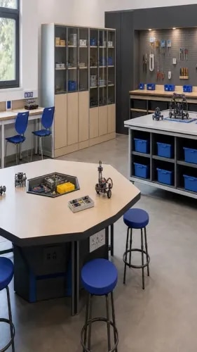 Complete STEM and robotics lab furniture infrastructure for schools, STEM classrooms, Atal Tinkering Labs, robotics labs, innovation labs and maker spaces. Bharat Scientific World supplies STEM tables, robotics island tables, collaborative hexagon tables, student workstations, STEM work benches, pegboard benches, storage cabinets, component bins, tool storage, seating and electrical-ready work tables for complete lab setup.