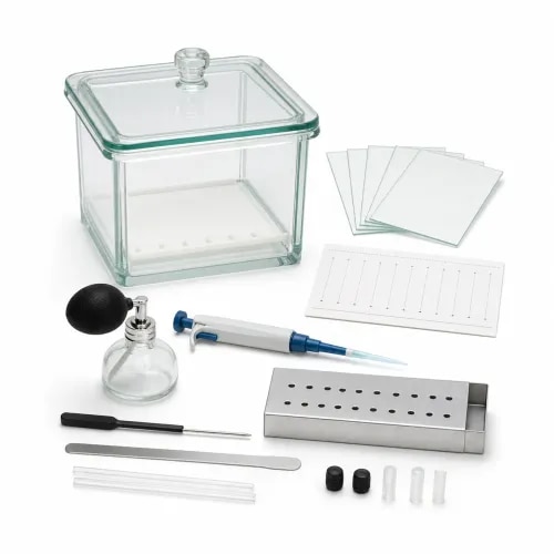 Thin Layer Chromatography kit with applicator/spreader, base plate, carrier, spotting template, developing chamber, TLC plates, scriber, micropipette and sprayer. Suitable for chemistry laboratories, research laboratories and analytical testing work.