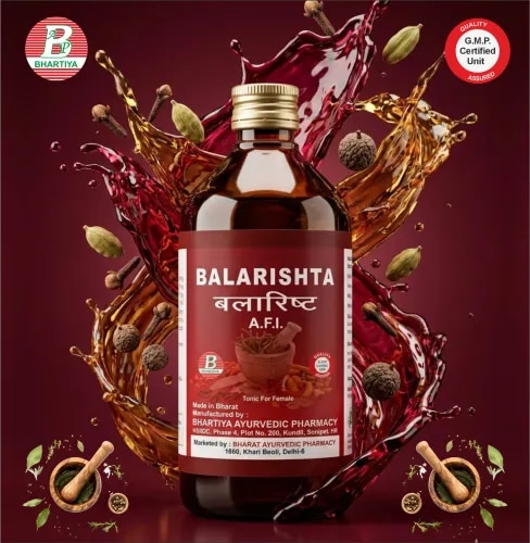 BALARISHTAProduct IdentificationGeneric Name: BalarishtaType: Ayurvedic Polyherbal Fermented Formulation (Arishta)Primary Indication Area: Pediatric tonic, neuromuscular strength enhancer, general debility, and post-illness recovery support.Therapeutic Indications• General weakness in children and adults• Delayed growth and developmental support (pediatric use)• Neuromuscular debility• post-fever weakness and convalescence• Loss of appetite (Aruchi)• Low body weight and undernutrition• Anaemia-related fatigue (supportive)• Joint weakness and laxity• post-infectious recovery• Mild anxiety, irritability, and sleep disturbances (supportive)Key Benefits• Balya (strength-promoting) – improves muscle and tissue strength• Brimhana (nourishing) – supports healthy weight gain• Improves neuromuscular tone• Enhances appetite and digestion• Supports bone and joint development• Restores strength after illness• Mild calming effect on nervous system• Improves overall vitality and immunityFORMULAMain Decoction Drugs (Kwatha Dravyas):• Bala (Sida cordifolia) – 4.800 kg• Ashwagandha (Withania somnifera) – 4.8 kgPrakshepa Dravyas (Added after decoction):• Vidari -96 g• Eranda- 96 g• Rasna -48 g• Ela-48 g• Prishanparni-48 g• Lavanga -48 g• Usira -48 g• Gokharu -48 gFermentation Base:• Guda (Jaggery) – 14.400 kg• Water – sufficient quantity for decoction (reduced to ~12–13 L final arishta)• Fermentation starter: Dhataki flowers1. Bala (Sida cordifolia)• Rasa: Madhura, Tikta• Guna: Guru, Snigdha• Virya: Sheeta• Vipaka: Madhura Prabhava: BalyaMechanism of Action:• Strengthens muscles and neuromuscular tissue• Improves physical endurance• Supports growth and development• Reduces fatigue and Vata imbalance• Enhances tissue repair2. Ashwagandha (Withania somnifera)• Rasa: Tikta, Kashaya• Guna: Laghu, Snigdha• Virya: Ushna• Vipaka: Madhura• Prabhava: RasayanaMechanism of Action:• Enhances stress resilience and recovery• Promotes muscle growth and strength• Supports nervous system stability• Improves sleep and reduces fatigue• Acts as adaptogen3. Vidari (Pueraria tuberosa)• Rasa: Madhura• Guna: Guru, Snigdha• Virya: Sheeta• Vipaka: Madhura• Prabhava: BrimhanaMechanism of Action:• Promotes nourishment and weight gain• Enhances tissue regeneration• Improves strength and stamina• Supports endocrine balance• Useful in undernutrition4. Eranda (Ricinus communis – root)• Rasa: Katu, Tikta• Guna: Snigdha, Tikshna• Virya: Ushna• Vipaka: Katu• Prabhava: Vata shamakMechanism of Action:• Strong Vata pacifier• Reduces musculoskeletal pain• Improves joint mobility• Supports detoxification through laxative action• Useful in inflammatory joint conditions5. Rasna (Pluchea lanceolata)• Rasa: Tikta, Kashaya• Guna: Laghu, Ruksha• Virya: Ushna• Vipaka: Katu• Prabhava: ShothaharaMechanism of Action:• Reduces inflammation in joints and muscles• Improves mobility• Acts on Vata disorders• Supports pain relief• Useful in arthritis-like conditions6. Ela (Elettaria cardamomum)• Rasa: Madhura, Katu• Guna: Laghu, Snigdha• Virya: Sheeta• Vipaka: MadhuraMechanism of Action:• Improves digestion and appetite• Reduces nausea and bloating• Enhances bioavailability of herbs• Supports respiratory comfort• Mild calming effect7. Prishniparni (Uraria picta)• Rasa: Tikta, Kashaya• Guna: Laghu, Snigdha• Virya: Ushna• Vipaka: MadhuraMechanism of Action:• Strengthens muscles and tissues• Improves stamina• Reduces fatigue• Supports respiratory and immune health• Acts as restorative tonic8. Lavanga (Syzygium aromaticum)• Rasa: Katu, Tikta• Guna: Laghu, Tikshna• Virya: Ushna• Vipaka: KatuMechanism of Action:• Improves circulation• Enhances digestion and absorption• Provides mild analgesic effect• Supports respiratory health• Anti-inflammatory action9. Ushira (Vetiveria zizanioides)• Rasa: Tikta, Madhura• Guna: Laghu, Snigdha• Virya: Sheeta• Vipaka: MadhuraMechanism of Action:• Cooling and calming effect on body• Reduces burning sensations• Supports Pitta balance• Improves skin and systemic detoxification• Mild sedative effect10. Gokshura (Tribulus terrestris)• Rasa: Madhura, Tikta• Guna: Guru, Snigdha• Virya: Sheeta• Vipaka: MadhuraMechanism of Action:• Strengthens muscles and urinary system• Improves stamina and vitality• Supports reproductive and renal health• Enhances tissue repair• Useful in Vata-Pitta disordersDosage• Children: 5–10 ml• Adults: 15–30 ml• Twice daily after meals• With equal quantity of waterDosage• Adults: 15–30 ml• Twice daily after meals• With equal quantity of water (1:1 dilution)Common Usage Guidance• Used in menstrual disorders and uterine weakness• Supports hormonal balance and reproductive health• Typically used for 4–8 weeks• Best taken after foodImportant Notes• Use cautiously in pregnancy unless prescribed• Avoid in uncontrolled diabetes (contains jaggery)• Not suitable for acute heavy bleeding without supervision• Should be taken under Ayurvedic supervision in chronic casesbalarishta syrup uses in hindi, balarishta syrup uses, balarishta syrup kis kaam aata haibalarishta uses in hindi, balarishta syrup, balarishta syrup price, balarishta syrup benefitsbalarishta ayurvedic medicine, balarishta in english, balarishta uses in englishbalarishta for weight gain, balarishta for kids, balarishta for liver, balarishta for vata doshabalarishta for knee pain, balarishta ke fayde in hindi, balarishta ingredientsbalarishta how to use, balarishta hindi, balarishta how to take, balarishta health benefitsbalarishta hindi meaning, balarishta in hindi, balarishta ingredients in hindibalarishta online, balarishta syrup online, benefits of balarishtauses of balarishta, uses of balarishta syrup, use of balarishta in hindibenefits of balarishta syrup, balarishta price, balarishta peene ke faydebalarishta syrup review, balarishta syrup ingredients, balarishta syrup benefits in hindibalarishta tablet, balarishta tablet uses in hindi, balarishta uses, was balarishta agebest balarishta syrup, top balarishta syrup uses in hindi, top balarishta syruptop balarishta uses in hindi, top balarishta in hindi, top balarishta tonictop balarishta tablet, top balarishta medicine, top balarishta price, top balarishta tonic uses