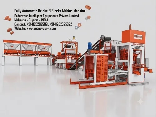 Fully Automatic Bricks & Blocks Making Machine To Karnataka.
Advanced Automatic Hydraulic High Pressure Type Bricks & Blocks Making Machine With High Frequency Vibrator. 
Model: ENDEAVOUR-iF2500
Includes Major Units Like Three Bin Feeder, Raw Materials Weighing Hopper, Raw Materials Transfer Conveyor, Cement Storage Hopper, Cement Transfer Screw Conveyor, Cement Weighing System, Water Feeding Automation, Pan Type High Capacity Mixer, Mixed Materials Transfer Conveyor, Mixed Materials Box Feeder, Hydraulic High Pressure Type Bricks Press, Automatic Pallet Stacker, Hydraulic Powerpack, PLC Based Control Panel Etc
Production Capacity:
Bricks: Size: 230 X 110 X 75 mm – 12 Bricks Per Stroke / 2200-2500 Bricks Per Hour
Solid Blocks: 400 X 200 X 200 mm – 3 Blocks Per Stoke / 400 – 500 Blocks Per Hour
Solid Blocks: 400 X 150 X 200 mm – 4 Blocks Per Stroke / 500 – 700 Blocks Per Hour
Solid Blocks: 400 X 100 X 200 mm – 5 Blocks Per Stroke / 650 – 850 Blocks Per Hour
Please Contact for More Details:
ENDEAVOUR INTELLIGENT EQUIPMENTS Pvt. Ltd.
Mehsana - Gujarat - INDIA
