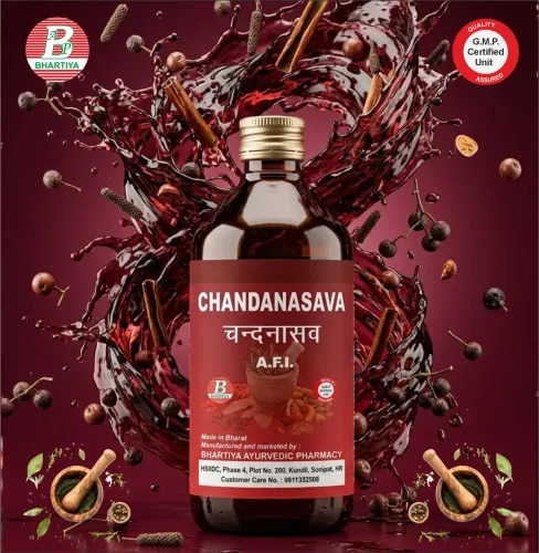 CHANDANASAVA
Product Identification
Generic Name: Chandanasava
Type: Ayurvedic Polyherbal Fermented Formulation (Asava)
Primary Indication Area:
Pitta disorders, urinary tract disorders, burning sensation, excessive thirst, bleeding disorders, skin inflammation, and general debility associated with heat and inflammation.
Therapeutic Indications
• Raktapitta (bleeding disorders)
• Daha (burning sensation)
• Mutrakrichra (painful/difficult urination)
• Mutravaha srotas disorders (urinary tract disorders)
• Pittaja disorders
• Excessive body heat (Ushna prakopa)
• Skin inflammation and irritation
• Raktadushti (impure blood conditions)
• General weakness due to Pitta imbalance
• Excessive thirst (Trishna)
• Urinary burning and discomfort
• Inflammatory skin conditions
Key Benefits
• Supports Pitta balance and cooling effect
• Helps reduce burning sensation in body and urine
• Promotes healthy urinary tract function
• Supports blood purification (Rakta shodhana)
• Helps improve skin health and complexion
• Provides natural cooling and soothing effect
• Supports detoxification of Pitta toxins
• Helps in inflammatory and heat-related disorders
FORMULA
Each part Contains:
1. Sweta Chandana (Santalum album)
2. Bālaka / Harivera (Pavonia odorata)
3. Musta (Cyperus rotundus)
4. Gambhārī (Gmelina arborea)
5. Nīlotpala (Nymphaea stellata)
6. Priyaṅgu (Callicarpa macrophylla)
7. Padmaka (Prunus cerasoides)
8. Lodhra (Symplocos racemosa)
9. Mañjiṣṭhā (Rubia cordifolia)
10. Rakta Candana (Pterocarpus santalinus)
11. Pāṭhā (Cissampelos pareira)
12. Kirātatikta (Swertia chirata)
13. Nyagrodha (Ficus benghalensis)
14. Pippalī (Piper longum)
15. Śaṭī (Hedychium spicatum)
16. Parpaṭa (Fumaria parviflora)
17. Madhūka (Madhuca longifolia)
18. Rāsnā (Pluchea lanceolata)
19. Paṭola (Trichosanthes dioica)
20. Kāñcanāra (Bauhinia variegata)
21. Āmrā
22. Mocarasa (Bombax ceiba)
23. Dhataki (Woodfordia fruticosa)
24. Drākṣā (Vitis vinifera)
25. Śarkarā
26. Guḍa
Ingredients :
1. Sweta Chandana
Botanical Name: Santalum album
• Rasa: Tikta, Madhura
• Guna: Laghu, Snigdha
• Virya: Sheeta
• Vipaka: Madhura
Mechanism:
• Potent Pitta pacifier and cooling agent
• Reduces burning sensation in urinary and systemic disorders
• Anti-inflammatory and skin-soothing action
• Blood purifying and mild antimicrobial activity
2. Balaka / Harivera
Botanical Name: Pavonia odorata
• Rasa: Tikta, Madhura
• Guna: Laghu, Ruksha
• Virya: Sheeta
• Vipaka: Katu
Mechanism:
• Cooling aromatic herb
• Reduces body heat and burning sensation
• Supports urinary tract comfort
• Blood purifying and anti-inflammatory
3. Musta
Botanical Name: Cyperus rotundus
• Rasa: Tikta, Katu
• Guna: Laghu, Ruksha
• Virya: Sheeta
• Vipaka: Katu
Mechanism:
• Digestive regulator and anti-Ama action
• Reduces inflammation and metabolic toxins
• Supports urinary and Pitta balance
4. Gambhari
Botanical Name: Gmelina arborea
• Rasa: Madhura, Kashaya
• Guna: Guru, Snigdha
• Virya: Sheeta
• Vipaka: Madhura
Mechanism:
• Tissue nourishing and rejuvenating herb
• Anti-inflammatory and restorative
• Supports recovery and vitality
5. Nilotpala
Botanical Name: Nymphaea stellata
• Rasa: Tikta, Madhura, Kashaya
• Guna: Laghu, Snigdha
• Virya: Sheeta
• Vipaka: Madhura
Mechanism:
• Strong cooling and soothing herb
• Reduces burning sensation and inflammation
• Supports skin and urinary health
6. Priyangu
Botanical Name: Callicarpa macrophylla
• Rasa: Kashaya, Madhura
• Guna: Laghu, Ruksha
• Virya: Sheeta
• Vipaka: Katu
Mechanism:
• Blood purifier and skin tonic
• Reduces inflammation and itching
• Controls excessive sweating
7. Padmaka
Botanical Name: Prunus cerasoides
• Rasa: Kashaya, Tikta
• Guna: Laghu, Ruksha
• Virya: Sheeta
• Vipaka: Katu
Mechanism:
• Cooling anti-inflammatory agent
• Supports skin health and complexion
• Detoxifies Pitta imbalance
8. Lodhra
Botanical Name: Symplocos racemosa
• Rasa: Kashaya
• Guna: Laghu, Ruksha
• Virya: Sheeta
• Vipaka: Katu
Mechanism:
• Strong astringent and anti-inflammatory
• Controls discharge and bleeding
• Supports skin healing
9. Manjistha
Botanical Name: Rubia cordifolia
• Rasa: Tikta, Kashaya
• Guna: Guru, Ruksha
• Virya: Ushna
• Vipaka: Katu
Mechanism:
• Powerful blood purifier
• Lymphatic detoxification
• Skin disease correction
10. Rakta Chandana
Botanical Name: Pterocarpus santalinus
• Rasa: Tikta, Kashaya
• Guna: Laghu, Ruksha
• Virya: Sheeta
• Vipaka: Katu
Mechanism:
• Strong cooling and anti-inflammatory
• Supports skin healing and complexion
• Blood purification
11. Patha
Botanical Name: Cissampelos pareira
• Rasa: Tikta, Kashaya
• Guna: Laghu, Ruksha
• Virya: Ushna
• Vipaka: Katu
Mechanism:
• Urinary tract support
• Anti-inflammatory and detoxifying
• Reduces dysuria
12. Kiratatikta
Botanical Name: Swertia chirata
• Rasa: Tikta
• Guna: Laghu, Ruksha
• Virya: Sheeta
• Vipaka: Katu
Mechanism:
• Liver detoxification
• Antipyretic and blood purifier
• Improves metabolism
13. Nyagrodha
Botanical Name: Ficus benghalensis
• Rasa: Kashaya
• Guna: Guru, Ruksha
• Virya: Sheeta
• Vipaka: Katu
Mechanism:
• Astringent cooling herb
• Controls bleeding and inflammation
• Supports tissue healing
14. Pippali
Botanical Name: Piper longum
• Rasa: Katu
• Guna: Laghu, Tikshna
• Virya: Ushna
• Vipaka: Madhura
Mechanism:
• Bioavailability enhancer (Yogavahi)
• Improves digestion and absorption
• Reduces Ama
15. Shati
Botanical Name: Hedychium spicatum
• Rasa: Katu, Tikta
• Guna: Laghu, Tikshna
• Virya: Ushna
• Vipaka: Katu
Mechanism:
• Digestive stimulant
• Improves metabolic fire (Agni)
• Clears toxins
16. Parpata
Botanical Name: Fumaria parviflora
• Rasa: Tikta
• Guna: Laghu, Ruksha
• Virya: Sheeta
• Vipaka: Katu
Mechanism:
• Liver detoxification
• Blood purification
• Reduces burning sensation
17. Madhuka
Botanical Name: Madhuca longifolia
• Rasa: Madhura
• Guna: Guru, Snigdha
• Virya: Sheeta
• Vipaka: Madhura
Mechanism:
• Tissue nourishment and rejuvenation
• Anti-inflammatory action
• Strength promoter
18. Rasna
Botanical Name: Pluchea lanceolata
• Rasa: Tikta, Katu
• Guna: Snigdha, Laghu
• Virya: Ushna
• Vipaka: Katu
Mechanism:
• Anti-arthritic action
• Reduces pain and stiffness
• Vata pacifying
19. Patola
Botanical Name: Trichosanthes dioica
• Rasa: Tikta
• Guna: Laghu, Ruksha
• Virya: Ushna
• Vipaka: Katu
Mechanism:
• Detoxifying herb
• Supports skin and liver health
• Reduces Pitta disorders
20. Kanchanara
Botanical Name: Bauhinia variegata
• Rasa: Kashaya
• Guna: Laghu, Ruksha
• Virya: Sheeta
• Vipaka: Katu
Mechanism:
• Glandular detoxification
• Anti-inflammatory
• Reduces swelling
21. Amra
Botanical Name: Mangifera indica
• Rasa: Kashaya
• Guna: Guru, Ruksha
• Virya: Sheeta
• Vipaka: Katu
Mechanism:
• Astringent and cooling
• Blood purifier
• Skin support
22. Mocarasa
Botanical Name: Bombax ceiba
• Rasa: Kashaya, Madhura
• Guna: Guru, Snigdha
• Virya: Sheeta
• Vipaka: Madhura
Mechanism:
• Wound healing and tissue repair
• Controls bleeding
• Rejuvenative action
23. Dhataki
Botanical Name: Woodfordia fruticosa
• Rasa: Kashaya
• Guna: Laghu, Ruksha
• Virya: Ushna
• Vipaka: Katu
Mechanism:
• Fermentation catalyst
• Enhances bioavailability
• Forms natural alcohol in Asava
24. Draksha
Botanical Name: Vitis vinifera
• Rasa: Madhura
• Guna: Guru, Snigdha
• Virya: Sheeta
• Vipaka: Madhura
Mechanism:
• Rejuvenative antioxidant
• Reduces burning sensation
• Strength promoter
25. Sarkara
Botanical Name: Sugar
• Rasa: Madhura
• Guna: Guru, Snigdha
• Virya: Sheeta
• Vipaka: Madhura
Mechanism:
• Fermentation substrate
• Energy provider
• Improves stability
26. Madhu
Botanical Name: Honey (Apis mellifera)
• Rasa: Madhura, Kashaya
• Guna: Laghu, Ruksha
• Virya: Sheeta
• Vipaka: Madhura
Mechanism:
• Yogavahi (bioenhancer)
• Antimicrobial action
• Improves absorption
Chandanasava – Dosage
Adults
• 15–30 mL
• Twice daily
Method of Administration
• Dilute with equal quantity of water (1:1)
• Best taken after meals
Therapeutic Duration
• Commonly 4–8 weeks
• May be continued longer in chronic Pitta disorders under medical supervision
Condition-based use (typical practice)
• Burning urination / Mutrakrichra: 15–20 mL twice daily
• Pitta disorders / heat excess: 20–30 mL twice daily
• Skin & blood disorders: 15–30 mL twice daily
Caution
• Contains natural fermented alcohol
• Use carefully in diabetes mellitus
• Avoid self-medication in serious urinary or systemic disease
• Should be taken under Ayurvedic supervision in chronic conditions