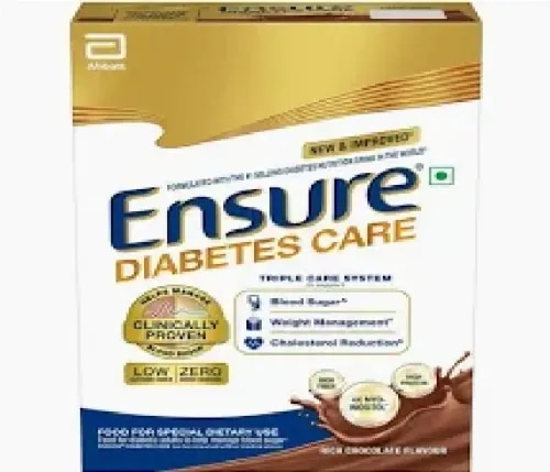 Ensure Diabetes Care (Chocolate, 200g Box in Bag) is a scientifically formulated nutrition powder designed to help manage blood sugar spikes. It retails for around ₹422 to ₹515, depending on the pharmacy, and is sugar-free, lactose-free, and high in protein and fiber.