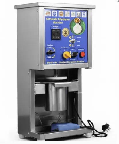 An idiyappam making machine is a machine used to make the traditional South Indian breakfast dish, idiyappam. The machine has a hopper at the top where rice flour is poured into. The flour is then pushed through a die that shapes the dough into noodles. The machine is easy to operate and can produce large quantities of idiyappam quickly and efficiently.