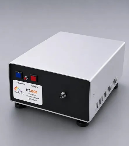 DT-3000 combination of Deuterium-Tungsten-Halogen light source, with a single beam output of halogen through a see-thru deuterium electrode which provides continuous spectrum of 200nm to 2100nm. The DT-3000 is powered by Hamamatsu state of art, high power, high brightness, UV source which provides a very stable output and a long life.