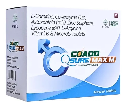 L-carnitine , Co-enzyme Q10 Astaxanthin (10%) Zinc Sulphate, Lycopene (6%) L-Arginine Vitamins & Min