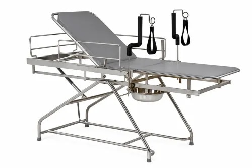 The Telescopic Labour Table is designed for obstetric examinations, labour, delivery, and gynecological procedures. Constructed from high-quality stainless steel, it features an adjustable backrest, telescopic sliding section, lithotomy poles with straps, and a removable stainless steel bowl. Its sturdy construction and ergonomic design provide comfort for patients and convenience for medical professionals.SpecificationOverall Size: 1900 mm (L) × 840 mm (W) × 760 mm (H)Frame Material: Stainless SteelTable Top: Stainless Steel with MattressBackrest Adjustment: ManualTrendelenburg / Reverse Trendelenburg: 15°–20°Safe Working Load: 150 kgLeg Section: Sliding Telescopic SectionLithotomy Rods: Adjustable Pair with StrapsCollection Bowl: Removable Stainless Steel BowlFinish: Matte Stainless SteelConstruction: Heavy-Duty Stainless Steel FrameApplication: Labour Rooms, Maternity Hospitals, Gynecology Departments, Obstetric Clinics, and Delivery Rooms