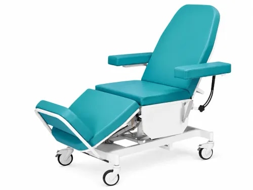 The Electric Dialysis Chair is ergonomically designed to provide maximum comfort and support for patients undergoing dialysis, chemotherapy, blood transfusion, and other infusion therapies. It features electrically adjustable height, backrest, leg rest, and Trendelenburg positioning, ensuring smooth operation and enhanced patient care. The chair is equipped with a sturdy powder-coated steel frame, high-density foam upholstery, smooth-rolling castors with brakes, and user-friendly electric controls, making it ideal for hospitals, dialysis centers, and day-care treatment units.SpecificationBuffer to Buffer Size: 980 mm × 700 mmMattress Platform: 1895 mm × 630 mmHeight Adjustment: 600–950 mmBackrest Adjustment: 0°–75°Knee Rest Adjustment: 35° ± 10°Trendelenburg Position: 16°Safe Working Load: 150 kgOperation Type: ElectricUpholstery: High-Density Foam with Antibacterial PVC CoverFrame Material: CRCA Steel with Powder-Coated FinishMobility: Four Heavy-Duty Castors with BrakesControl: Handheld Remote ControllerApplication: Dialysis Centers, Chemotherapy Units, Blood Transfusion Rooms, Infusion Therapy Centers, Hospitals, and Clinics
