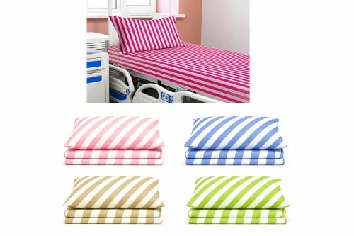 DetailsBed Sheets & Pillow Covers are designed for hospitals, clinics, nursing homes, and healthcare facilities to provide comfort, hygiene, and durability. Made from premium-quality fabric, they are soft, breathable, skin-friendly, and easy to maintain. The fabric is colorfast, wrinkle-resistant, and suitable for frequent washing and sterilization, ensuring long-lasting performance in demanding healthcare environments.SpecificationMaterial: 100% Cotton / Cotton Blend FabricFabric Type: Soft, Breathable & DurablePattern: Striped DesignPillow Cover Included: YesColor Options: Pink, Blue, Beige, Green, and Custom ColorsWashable: Machine & Hand WashReusable: YesShrink Resistant: YesFade Resistant: YesSkin Friendly: YesSuitable For: Hospital Beds, Patient Beds, Nursing Homes, Clinics, and Healthcare FacilitiesApplication: Hospitals, Medical Centers, Clinics, Hostels, and Healthcare Institutions