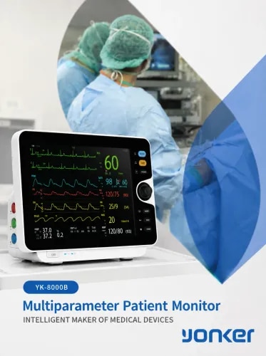 Product OverviewBrand: YonkerModel: YK-8000BType: Multiparameter Patient MonitorApplications:AdultPediatricNeonatalMedicineSurgeryOperating Room (OR)ICUCCUDisplay12.1-inch TFT color displayMonitored ParametersECGSpO₂ (Oxygen Saturation)NIBP (Non-invasive Blood Pressure)Pulse RateHeart RateRespiration RateTemperatureECG SpecificationsSupports 3/5 lead ECGWaveform speed: 12.5, 25, 50 mm/sHeart rate monitoringArrhythmia detectionST segment analysisDiagnostic bandwidth: 0.05–130 HzSpO₂Measuring range: 0–100%Resolution: 1%Accuracy:70–100%: ±2%Below 70%: Not specifiedPulse RateRange: 30–300 bpmAccuracy: ±3 bpmHeart RateAdult: 15–300 bpmNeonatal/Child: 15–350 bpmAccuracy: ±1% or ±1 bpmRespirationAdult: 0–120 breaths/minNeonatal/Child: 0–150 breaths/minTemperatureRange: 0–50°CResolution: 0.1°CAccuracy: ±0.1°C (excluding sensor error)Blood Pressure (NIBP)Adult Systolic: 40–270 mmHgDiastolic: 10–215 mmHgMean: 20–235 mmHgPressure accuracy: ±3 mmHgTrend Storage400 trend groups6000-second waveform storage7-day trend table70 alarm recordsElectrical SpecificationsPower Supply: AC 100–240V, 50/60 HzInternal lithium batteryContinuous working time: approximately 2 hoursOperating EnvironmentTemperature: 0–40°CHumidity: ≤85% RHSize & WeightDimensions: 262 × 336 × 84 mmWeight: 2.72 kgStandard AccessoriesNIBP cuff & tubeECG cable & electrodesSpO₂ sensorTemperature probeLithium-ion batteryPower cableUser manualOptional AccessoriesEnd-tidal CO₂ (EtCO₂)RecorderDual IBPNellcor SpO₂ moduleThis monitor is designed for continuous monitoring of a patient's ECG, blood pressure, oxygen saturation, pulse, respiration, and temperature, making it suitable for hospitals, ICUs, operating rooms, emergency departments, and clinics.Storage & ReviewECG waveform storage: 30 minutes (one important lead)Alarm event review: 1800 alarm recordsNIBP measurement storage: 400 groupsArrhythmia storage: 128 groups (8-second ECG waveforms)Optional off-storage:72 hours trend data1 ECG waveformECG FeaturesStandard: 5-lead ECGOptional: 3-lead or 12-lead ECGLead selection:I, II, IIIaVR, aVL, aVFV1–V6 (optional)Gain settings:Auto0.25×0.5×1×2×4×Sweep speeds:6.25 mm/s12.5 mm/s25 mm/s50 mm/sHeart Rate:Adult: 10–300 bpmChild/Neonate: 10–350 bpmAccuracy:±1% or ±1 bpmIBP (Optional)2-channel Invasive Blood PressureRange:−50 to +300 mmHgUnits:mmHgkPaAccuracy:±2 mmHg or 2%Alarm SystemThree alarm priorities:LowMediumHighAlarm indication:AudibleVisualUser-selectable alarm settingsAlarm silence (mute) supportedAlarm volume:45–85 dB (measured at 1 meter)Thermal Recorder (Optional)Recording method:Thermal dot arrayPaper width:50 mmPaper speed:12.5 / 25 / 50 mm/sMaximum traces:3 channelsEtCO₂ (Optional)Measurement range:0–19.7%0–150 mmHgUnits:%mmHgkPaRespiration rate:2–150 bpmHardware FeaturesDual alarm lightsPhysiological alarmEquipment alarmLarge, high-visibility indicatorsAll-in-one monitoringECGRESPSpO₂NIBP2 Temperature channels (standard)Optional modules:9-lead ECG2-channel IBPCardiac Output (CO)EtCO₂ (Sidestream/Mainstream/Microstream)ConnectivitySupports:Ethernet networkingDefibrillation synchronization outputNurse call interfaceOptional outputs:Analog outputUSBVGA display outputOptional Wireless & RecorderBuilt-in 3-channel thermal recorderOptional Wi-Fi moduleSupports wireless hospital networking and patient transport.Central Monitoring SystemThe monitor supports networking with a central monitoring station, allowing:Wireless connection to the central stationUp to 240 hours of trend dataDisplay of 8 waveforms per monitorMonitoring of up to 16 monitors on one screenViewing of up to 32 beds on one platformRemote review and management of patient data in real time.
