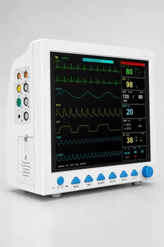 Product Overview:Brand: CONTECModel: CMS8000Product Type: Multiparameter Patient MonitorTagline: “Light the Rhythm of Life with Technology”Product FeaturesThe monitor is designed for continuous monitoring of multiple patient vital signs in hospitals, clinics, ICUs, and operating rooms.Main HighlightsHigh-resolution color displayMultiparameter monitoringCompact and portable designUser-friendly front panel controlsSide-mounted connector portsLarge rotary control knob for easy navigationMonitoring ParametersBased on the display, the monitor supports:ECG (Electrocardiogram)Heart Rate (HR)SpO₂ (Oxygen Saturation)Pulse Rate (PR)NIBP (Non-invasive Blood Pressure)Respiration (RESP)Temperature (TEMP)Front Panel ControlsThe monitor includes dedicated buttons for:MenuNIBPRecordSilence (Alarm Mute)FreezeMain MenuRotary navigation knobDisplayThe screen shows:Multiple ECG waveformsSpO₂ waveformRespiration waveformNumerical values for:Heart RateSpO₂Blood PressureRespiration RateTemperaturePulse RatePhysical DesignWhite medical-grade enclosureFlat-panel displaySide input connectors for patient cablesDesktop design suitable for bedside monitoringManufacturer InformationContec Medical Systems Co., Ltd.The brochure lists the company's address, telephone, fax, email, and website (printed in the lower-right section), indicating it is manufactured by Contec Medical Systems in China.Typical ApplicationsSuitable for:Intensive Care Unit (ICU)Operating Room (OR)Emergency DepartmentRecovery RoomGeneral WardsClinicsAmbulances (depending on configuration)Key AdvantagesContinuous real-time patient monitoringBright, easy-to-read displayCompact bedside designMultiple vital sign monitoring in a single deviceSimple operation with dedicated function keysReliable for adult, pediatric, and neonatal patient monitoring (depending on the installed modules and configuration).