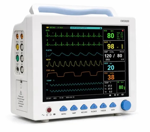 Product OverviewModel: CMS8000Type: Multiparameter Patient MonitorDesigned for continuous monitoring of adult, pediatric, and neonatal patients in hospitals, ICUs, operating rooms, emergency departments, and during patient transport.Main Features12.1-inch TFT color displaySuitable for adult, pediatric, and neonatal patientsStandard monitoring parameters:ECGSpO₂NIBPRESPDual Temperature (2-TEMP)Audible and visual alarms with adjustable alarm rangesCompatible with CONTEC Central Monitoring System (CMS)Large internal storage for patient data and trendsECG SpecificationsLead Modes:3-lead5-leadLead selection:RALARLLLVSweep Speeds:12.5 mm/s25 mm/s50 mm/sHeart Rate Accuracy:±1 bpm or ±1%Electrical protection:4000 VAC / 50 Hz isolation against electrosurgical interferenceST-segment analysisArrhythmia detectionAudible and visual ECG alarmsAlarm event recallNIBP (Non-invasive Blood Pressure)Measurement Method:OscillometricOperating Modes:ManualAutomaticSTATPressure Units:mmHgkPaMeasures:Systolic (SYS)Diastolic (DIA)Mean Arterial Pressure (MAP)Over-pressure protectionSpO₂ MonitoringMeasurement Range:0–100%Accuracy:±2 digits (70–100%)Accuracy below 70% not specifiedRespiration (RESP)Measurement Range:0–150 breaths/minApnea alarm supportedTemperature (TEMP)Dual-channel temperature monitoringMeasurement Range:0–50°CResolution:0.1°CStandard ConfigurationIncludes:ECG moduleNIBP moduleSpO₂ moduleOptional ModulesAvailable options include:Dual Temperature (2-TEMP)2-channel IBP (Invasive Blood Pressure)EtCO₂ (End-Tidal CO₂)Network connectivityThermal printerOptional AccessoriesThe brochure shows the following accessories:IBP CableIBP ModuleIBP TransducerEtCO₂ Sampling TubeBuilt-in/External Thermal PrinterEtCO₂ Module (Sidestream)Key Advantages12.1-inch high-resolution color display.Comprehensive multiparameter monitoring (ECG, SpO₂, NIBP, RESP, Temperature).Supports adult, pediatric, and neonatal patients.Advanced ECG features including ST analysis and arrhythmia detection.Multiple NIBP measurement modes (Manual, Auto, STAT).Expandable with IBP, EtCO₂, networking, and printer options.Compatible with CONTEC Central Monitoring Systems for centralized patient monitoring.