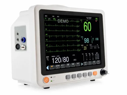 PM12B Multi-Parameter Patient MonitorProduct Description:The PM12B Multi-Parameter Patient Monitor is designed for continuous monitoring of patients' vital signs in hospitals, clinics, ICUs, emergency rooms, operating theatres, and recovery wards. It features a 12.1-inch color TFT display with a touch screen for easy operation and supports multiple monitoring parameters with high accuracy.Key Features12.1-inch high-resolution color TFT touch screenUser-friendly interface with easy operationUSB port for software upgrades and data transferCentral Monitoring System (CMS) compatibleMonitoring modes include Monitoring, Surgery, and DiagnosisBuilt-in rechargeable battery with up to 3 hours backupVGA output for external displaySuitable for adult, pediatric, and neonatal patientsStandard Monitoring ParametersECGRESP (Respiration)TEMP (Temperature)NIBP (Non-Invasive Blood Pressure)SpO₂ (Oxygen Saturation)PR (Pulse Rate)ECG Specifications3/5 Lead ECGLead Modes: I, II, III, aVR, aVL, aVF, VHeart Rate: 15–300 BPM (Adult), 15–350 BPM (Neonatal)Accuracy: ±1 BPMSweep Speeds: 12.5, 25, 50 mm/sSpO₂ SpecificationsMeasurement Range: 0–100%Accuracy: 70–100% ±2%Pulse Rate: 20–250 BPMResolution: 1 BPMNIBP SpecificationsOscillometric measurementModes: Manual, Auto, STATAdult, Pediatric, and Neonatal measurement modesAdult Pressure Range:SYS: 40–280 mmHgDIA: 10–220 mmHgMAP: 20–240 mmHgAccuracy: ±5 mmHgTemperatureMeasurement Range: 0–50°CResolution: 0.1°CAccuracy: ±0.1°CRespirationImpedance respiration measurementRange: Adult 10–120 BrPMNeonatal/Pediatric: 0–150 BrPMAccuracy: ±2 BrPMDisplay12.1-inch TFT LCDHigh-resolution color displayTouch screen operationStandard AccessoriesMain Unit5-lead ECG CableDisposable ECG ElectrodesAdult SpO₂ ProbeAdult NIBP CuffNIBP Extension TubeTemperature ProbePower CableUser ManualFusePower SupplyAC: 100–240V, 50/60HzBuilt-in rechargeable battery (up to 3 hours backup)Packing InformationPackage Size: 372 × 283 × 363 mmNet Weight: 4.5 kgCarton Size: 589 × 375 × 700 mmGross Weight: 20 kgApplicationsIntensive Care Units (ICU)Operation Theatre (OT)Emergency RoomsRecovery RoomsGeneral Hospital WardsClinics and Nursing Homes