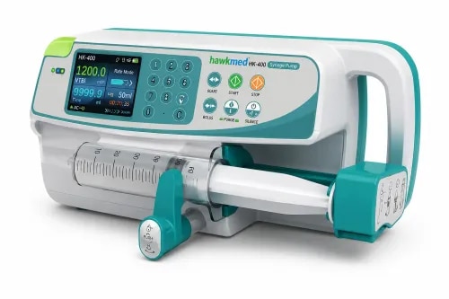 Product Description

The HK-400 Syringe Pump is a high-precision infusion device designed for accurate and continuous delivery of medications and fluids. It is suitable for use in ICUs, operation theatres, emergency departments, neonatal care, and general hospital wards. The pump features a large color LCD screen, intelligent syringe recognition, multiple infusion modes, and comprehensive visual and audible alarm systems for safe and reliable operation.

Features
Large color LCD display with clear parameter visibility
Intelligent syringe self-recognition technology
Compatible with 5 ml, 10 ml, 20 ml, 30 ml, 50 ml, and 60 ml syringes
KVO (Keep Vein Open) function
Bolus infusion function
Multiple infusion modes for different clinical applications
Numeric keypad for easy operation
Real-time infusion data display
Three adjustable occlusion pressure levels
Night mode for low-light environments
Double CPU design for enhanced safety and reliability
Visual and audible alarm indicators
Rotatable pole clamp for easy mounting
Technical Specifications
Display: Large color LCD screen
Syringe Sizes: 5, 10, 20, 30, 50, and 60 ml
Infusion Modes: Continuous, Bolus, KVO, and various programmable modes
Alarm System: Visual and audible alarms
Occlusion Levels: 3 adjustable pressure settings
Mounting: Rotatable pole clamp
Safety: Dual CPU control system
Power Supply: AC power with built-in rechargeable battery (model dependent)
Applications
Intensive Care Unit (ICU)
Operation Theatre (OT)
Emergency Department
Neonatal Intensive Care Unit (NICU)
Pediatric Ward
General Hospital Wards
Ambulance and Patient Transport
Clinics and Nursing Homes

HK-400 Syringe Pump – Technical Specifications
Infusion Modes
Rate Mode
Time Mode
Body Weight Mode
Intermittent Infusion Mode (Optional)
Drug Library Mode (Optional)
Syringe Compatibility
Compatible with standard sterile syringes:
5 ml
10 ml
20 ml
30 ml
50 ml
60 ml
Accuracy
±2% (after syringe calibration)
Infusion Rate
5 ml syringe: 0.1–150 ml/h
10 ml syringe: 0.1–300 ml/h
20 ml syringe: 0.1–600 ml/h
30 ml syringe: 0.1–900 ml/h
50/60 ml syringe: 0.1–1500 ml/h
VTBI (Volume to be Infused)
0–1000 ml
Volume Infused
0–9999.9 ml
KVO Rate
0.1–2 ml/h (adjustable)
Default setting: 0.1 ml/h
Bolus Rate
5 ml syringe: 100–150 ml/h
10 ml syringe: 100–300 ml/h
20 ml syringe: 100–600 ml/h
30 ml syringe: 100–900 ml/h
50/60 ml syringe: 100–1500 ml/h
History Record
Stores up to 1600 infusion records
Communication Interface
RS232 communication port
Alarm System
Syringe disconnected
Infusion completed
Near completion
Empty syringe
Occlusion
Low battery
Handle open
AC power failure
Running on battery
Battery exhausted
Power Supply
DC Input: 12 ± 1.2 V
AC Input: 100–240 V, 50/60 Hz
Power Consumption
25 VA
Optional Functions
Nurse Call Interface
Wireless Monitoring System
Safety Classification
Class I, Type CF
Dimensions
300 × 130 × 125 mm (L × W × H)
Net Weight
1.8 kg
Protection Rating
IPX3
Occlusion Pressure
40–160 kPa
Three adjustable levels:
Low
Medium
High
Battery
Rechargeable Li-Polymer Battery
7.4 V, 1900 mAh
Battery Performance
Charging Time: 10 hours (unit off), 3 hours (unit on)
Operating Time: Approximately 7 hours at 25 ml/h
Operating Conditions
Temperature: 5°C to 40°C
Relative Humidity: 10%–95%
Atmospheric Pressure: 86–106 kPa
Transport Conditions
Temperature: -20°C to 60°C
Relative Humidity: 10%–95%
Atmospheric Pressure: 50–106 kPa
Storage Conditions
Temperature: -20°C to 45°C
Relative Humidity: 10%–95%
Atmospheric Pressure: 50–106 kPa