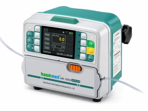 Product DescriptionThe HK-100 II Infusion Pump is a compact, high-precision volumetric infusion pump designed for accurate administration of intravenous fluids, medications, and nutrients. It is suitable for use in hospitals, ICUs, operation theatres, emergency departments, and general wards. The pump features a user-friendly interface, real-time monitoring, multiple infusion modes, and comprehensive safety alarms to ensure reliable infusion therapy.Key FeaturesHigh-precision volumetric infusionLarge LCD display with real-time infusion informationMultiple infusion modes for various clinical applicationsKVO (Keep Vein Open) functionBolus and Anti-Bolus functionsAnti-reverse rotation detectionFree-flow protection systemDouble CPU design for enhanced safetyRemovable pump body for easy cleaningRotatable pole clamp for flexible mountingEvent history record storageVisual and audible alarm systemSoft-touch keypad for easy operationCompact and lightweight designOptional drop sensorCompatible with standard IV infusion setsSafety FeaturesFree-flow protectionAir-in-line detectionOcclusion detectionDoor open alarmLow battery alarmInfusion complete alarmAnti-bolus protectionDouble CPU monitoring systemStandard FunctionsRate ModeTime ModeVolume InfusionKVO ModeBolus InfusionHistory Record StorageReal-time MonitoringAlarm ManagementApplicationsIntensive Care Unit (ICU)Operation Theatre (OT)Emergency DepartmentRecovery RoomGeneral Hospital WardsPediatric WardNeonatal Care Unit (NICU)Clinics and Nursing HomesAdvantagesAccurate and stable infusion performanceEasy-to-read LCD displayLightweight and portable designEasy cleaning with removable pump bodyReliable alarm system for patient safetySuitable for continuous and critical care infusionLong service life with low maintenance requirements8Infusion PerformanceInfusion Rate: 0.1–1200 ml/hInfusion Accuracy: ±5%Applicable Infusion Set: Compatible with various brands of standard infusion setsVTBI (Volume to be Infused): 0–9999 mlVolume Infused: 0–36000 mlKVO Rate: 1–5 ml/hBolus Rate: 300–1200 ml/hPurge Rate: 600 ml/hInfusion ModesRate ModeDrip ModeTime ModeBody Weight ModeDrug Library Mode (Optional)Intermittent Infusion Mode (Optional)Safety FeaturesUltra-sensitive air bubble detection with four adjustable sensitivity levelsOcclusion pressure range: 40–160 kPaThree adjustable occlusion levels: Low, Medium (Default), HighAnti-bolus functionAnti-reverse detectionFree-flow protectionIntelligent pressure detection alarmAlarm FunctionsBattery door openOcclusionAlmost doneForget operationInfusion completionLow batteryBattery exhaustedDevice malfunctionAir bubble detectionPressure alarmAdditional FunctionsStores history records and alarm logsData transfer to computerReal-time display of:Infusion rateDrip rateVTBIVolume infusedInfusion timeBolus functionAdjustable buzzer volumeKVO functionRemovable pump body for easy cleaningElectrical SpecificationsPower Supply:DC 12 ± 1.2 VAC 100–240 V, 50/60 HzPower Consumption: 25 VABatteryRechargeable Li-Polymer BatteryVoltage/Capacity: 7.4 V, 1900 mAhCharging Time:10 hours (Power Off)3 hours (Power On)Operating Time: Approximately 6 hours at 25 ml/hPhysical SpecificationsClassification: Class I, Type CFWaterproof Rating: IPX3Dimensions (L × W × H): 145 × 100 × 120 mmWeight: 1.4 kgEnvironmental ConditionsOperating ConditionsTemperature: 5°C to 40°CRelative Humidity: 10%–95%Atmospheric Pressure: 86–106 kPaTransport ConditionsTemperature: -20°C to 60°CRelative Humidity: 10%–95%Atmospheric Pressure: 50–106 kPaStorage ConditionsTemperature: -20°C to 45°CRelative Humidity: 10%–95%Atmospheric Pressure: 50–106 kPa