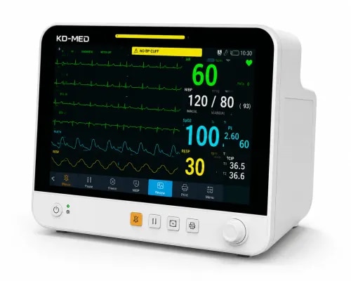 Product DescriptionThe PM40 Multi-Parameter Patient Monitor is an advanced bedside monitoring system designed for continuous monitoring of patient vital signs in hospitals, ICUs, emergency departments, operation theatres, and recovery rooms. It features a 12.1-inch high-resolution touchscreen display, intuitive operation, accurate measurements, and multiple display modes for efficient patient care.Key Features12.1-inch high-resolution display (1280 × 800)Capacitive touch screen with simple and fast operationCompact design with hidden carrying handleMultiple display interfaces including normal, large numeric, and 7-lead ECG viewsStandard wired network connection for Central Monitoring System (CMS)Built-in lithium battery with up to 2 hours backupVisual and audible alarm systemIntelligent blood pressure measurement technologyDynamic Early Warning Score (EWS) supportDrug concentration calculation functionMeasurement ParametersECGSpO₂ (Oxygen Saturation)NIBP (Non-Invasive Blood Pressure)RESP (Respiration)CO₂ (Optional)IBP (Optional)Measurement PerformanceSpO₂Anti-interference SpO₂ algorithm for accurate measurementsExcellent weak perfusion performance (up to 0.075%)NIBPDual-path pressure sensorDual MCU architecture for reliable operationFast inflation with intelligent measurement algorithm for improved patient comfortECGHigh T-wave suppression capability (2.4 mV)High isolation voltage: 4000 VrmsReliable ECG signal acquisitionRESPMultiple respiration lead selections:RA-LARA-LLLA-LLRA-RLLL-RLCO₂ (Optional)Low sampling flow rate: 50 ml/minAirway temperature and humidity compensationLong-life gas sampling tube (up to 10 days)Long-life brush motor (over 30,000 hours)IBP (Optional)Waveform superposition for comparison and analysisPressure measurement range: −50 to 400 mmHgApplicationsIntensive Care Unit (ICU)Operation Theatre (OT)Emergency DepartmentRecovery RoomGeneral Hospital WardsHigh Dependency Unit (HDU)Clinics and Nursing Homes