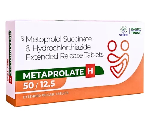 METAPROLATE H 50/12.5 is a premium antihypertensive medication formulated with Metoprolol Succinate Extended Release 50 mg and Hydrochlorothiazide 12.5 mg. This dual-action combination is intended for the treatment of hypertension (high blood pressure) in adults who require combination therapy for better blood pressure control. By combining two well-established medicines with complementary mechanisms of action, the formulation helps support long-term cardiovascular health while offering the convenience of once-daily dosing.Manufactured in GMP-certified facilities using high-quality pharmaceutical ingredients, METAPROLATE H 50/12.5 is produced under rigorous quality assurance protocols to ensure safety, efficacy, and batch-to-batch consistency. The extended-release technology allows a gradual release of Metoprolol throughout the day, providing sustained therapeutic effects and helping maintain stable blood pressure levels.CompositionBrand Name: METAPROLATE H 50/12.5Generic Name: Metoprolol Succinate Extended Release & Hydrochlorothiazide TabletsEach Extended Release Tablet Contains:Metoprolol Succinate Extended Release – 50 mgHydrochlorothiazide – 12.5 mgDosage Form: Extended Release TabletsTherapeutic Category: Antihypertensive MedicationWhat is METAPROLATE H 50/12.5?METAPROLATE H 50/12.5 combines a beta-blocker and a thiazide diuretic to provide comprehensive blood pressure management.Metoprolol Succinate selectively blocks beta-1 receptors in the heart, reducing heart rate and decreasing the workload on the cardiovascular system. Hydrochlorothiazide acts as a diuretic by helping the body eliminate excess sodium and water through urine, lowering blood volume and contributing to reduced blood pressure.Together, these medicines offer a complementary approach to hypertension treatment and may help lower the risk of complications associated with persistently elevated blood pressure, including stroke, heart attack, and kidney damage, when used according to medical advice.Uses of METAPROLATE H 50/12.5Healthcare professionals may prescribe METAPROLATE H 50/12.5 for:Management of essential hypertensionPatients requiring combination antihypertensive therapyLong-term maintenance of healthy blood pressure levelsReducing cardiovascular risks associated with uncontrolled hypertensionSupporting comprehensive blood pressure management alongside lifestyle modificationsThis medicine should always be used under the supervision of a qualified healthcare professional.Benefits of METAPROLATE H 50/12.5Dual-Action Blood Pressure ControlThe combination of Metoprolol Succinate and Hydrochlorothiazide addresses hypertension through two different therapeutic pathways, providing effective blood pressure reduction.Sustained Drug ReleaseThe extended-release formulation delivers Metoprolol gradually over 24 hours, helping maintain stable therapeutic levels and consistent blood pressure control.Convenient Once-Daily AdministrationA single daily dose simplifies long-term treatment and may improve patient adherence to prescribed therapy.Supports Cardiovascular HealthMaintaining optimal blood pressure with appropriate treatment can help reduce the likelihood of serious cardiovascular complications over time.Manufactured to High Quality StandardsEvery batch is produced using premium pharmaceutical ingredients under strict GMP guidelines, ensuring reliable quality, safety, and consistency.How METAPROLATE H 50/12.5 WorksThe effectiveness of METAPROLATE H 50/12.5 is based on the complementary actions of its two active ingredients.Metoprolol Succinate works by selectively blocking beta-1 adrenergic receptors in the heart, which helps:Slow the heart rateReduce the force of cardiac contractionsDecrease oxygen demand by the heartLower blood pressureHydrochlorothiazide works by promoting the removal of excess salt and water from the body through the kidneys. This helps:Reduce circulating blood volumeMinimize fluid retentionLower blood pressureImprove overall cardiovascular functionTogether, these mechanisms contribute to effective and sustained blood pressure management.Dosage and AdministrationTake METAPROLATE H 50/12.5 exactly as prescribed by your physician.General recommendations include:Take one tablet daily or as directed by your healthcare provider.Swallow the extended-release tablet whole with water.Do not crush, chew, or split the tablet unless specifically instructed.It may be taken with or without food according to your doctor's advice.Take the medication at the same time each day to maintain consistent therapeutic levels.Continue treatment as prescribed, even if your blood pressure is well controlled, unless your doctor advises otherwise.Possible Side EffectsAs with any prescription medicine, some individuals may experience side effects, although many people tolerate the medication well.Commonly reported side effects include:DizzinessTiredness or fatigueSlow heartbeatHeadacheIncreased urinationNauseaLow blood pressureChanges in electrolyte levelsSeek immediate medical attention if you experience severe allergic reactions, breathing difficulties, fainting, persistent chest pain, or any other serious symptoms.Consult your healthcare provider if any side effect persists or becomes troublesome.Precautions and WarningsBefore starting METAPROLATE H 50/12.5, inform your healthcare provider if you have:Heart rhythm abnormalitiesHeart failureAsthma or chronic respiratory disordersDiabetes mellitusKidney or liver impairmentGoutElectrolyte imbalanceThyroid disordersAllergy to Metoprolol, Hydrochlorothiazide, sulfonamide-derived medicines, or any ingredient in this productRegular monitoring of blood pressure, heart rate, kidney function, and electrolyte levels may be recommended during treatment.Storage InstructionsTo maintain product quality:Store in a cool and dry place.Protect from excessive heat, moisture, and direct sunlight.Keep the tablets in their original packaging until use.Store at the temperature indicated on the product label.Keep out of the reach of children.Why Choose METAPROLATE H 50/12.5?METAPROLATE H 50/12.5 is formulated to provide dependable blood pressure management with the convenience of a once-daily extended-release dosage form. Manufactured according to stringent pharmaceutical quality standards, it combines two trusted antihypertensive agents in a single tablet, supporting improved treatment adherence and long-term cardiovascular care.Key AdvantagesExtended-release formulation for sustained therapeutic actionCombination of two proven antihypertensive medicinesConvenient once-daily dosingHigh-quality manufacturing with strict quality assuranceReliable efficacy and consistent product performanceSuitable for long-term hypertension management under medical supervisionFrequently Asked Questions (FAQs)What is METAPROLATE H 50/12.5 prescribed for?It is prescribed for the treatment of high blood pressure in adults who require combination antihypertensive therapy.How does the extended-release formulation benefit patients?The extended-release technology gradually releases Metoprolol throughout the day, helping maintain consistent blood levels and prolonged blood pressure control.Can I discontinue METAPROLATE H 50/12.5 on my own?No. Beta-blockers should not be stopped suddenly, as abrupt discontinuation may increase cardiovascular risk. Always consult your healthcare provider before making any changes to your treatment.Can this medicine be used with other antihypertensive medications?Your doctor will determine whether additional blood pressure medicines are necessary based on your medical condition and treatment goals.How long should treatment continue?Hypertension is often a lifelong condition requiring continuous management. Continue taking METAPROLATE H 50/12.5 for the duration recommended by your healthcare professional, along with appropriate lifestyle modifications and regular medical follow-up.