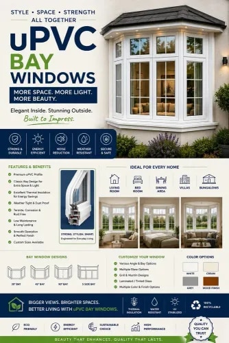 We are one of the foremost Manufacturers and Retailers of UPVC Window, UPVC Door, UPVC Arch Windows, UPVC Windows Frame, UPVC Office Partitions, UPVC Wardrobe and much more. Our professionals work in close coordination to ensure a high-quality assortment of products for the customers. We have recruited a team of professionals. In addition to this, to avoid disputes in the workplace, our professionals strive dedicatedly. Owing to our fare policies and the best quality products.Window Type                     Bay WindowBay Shape                          Box BayOpening Style                    Fixed + CasementProfile Brand                     ProminanceGlass Type                         Single GlassUse Location                     Lobby, Living Room, Hotel Suite, Bedroom, Office CabinType of Glass                    Toughened GlassFrame Material                 UpvcGlass Thickness                6mmFrame Color                      WhiteCountry of Origin             Made in India