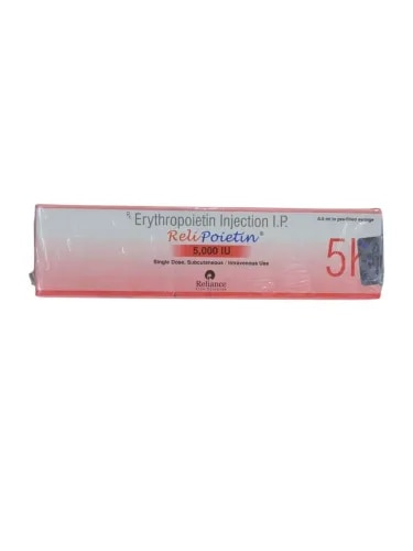 Relipoietin 5000 IU Injection is a medicine that helps your bone marrow to produce more red blood cells. It is used to treat a type of anemia caused by kidney disease. It is also used to treat anemia caused by cancer chemotherapy and by medicines to treat HIV.Weight/Quantity: 1 Prefilled syringeStore in a refrigerator (2 - 8°C). Do not freeze.DescriptionRelipoietin 5000 IU Injection is a medicine that helps your bone marrow to produce more red blood cells. It is used to treat a type of anemia caused by kidney disease. It is also used to treat anemia caused by cancer chemotherapy and by medicines to treat HIV.BenefitsUses of Relipoietin InjectionTreatment of Anemia due to cancer chemotherapyTreatment of Anemia due to chronic kidney disease Side EffectsMost side effects do not require any medical attention and disappear as your body adjusts to the medicine. Consult your doctor if they persist or if you’re worried about themCommon side effects of RelipoietinMuscle spasmDizzinessVascular occlusionInjection site irritationStomatitis (Inflammation of the mouth)Weight lossDecreased white blood cell count (lymphocytes)Increased glucose level in bloodBlood clot in the blood vesselsHigh blood pressureNauseaVomitingFeverRashJoint painHeadacheInsomnia (difficulty in sleeping)